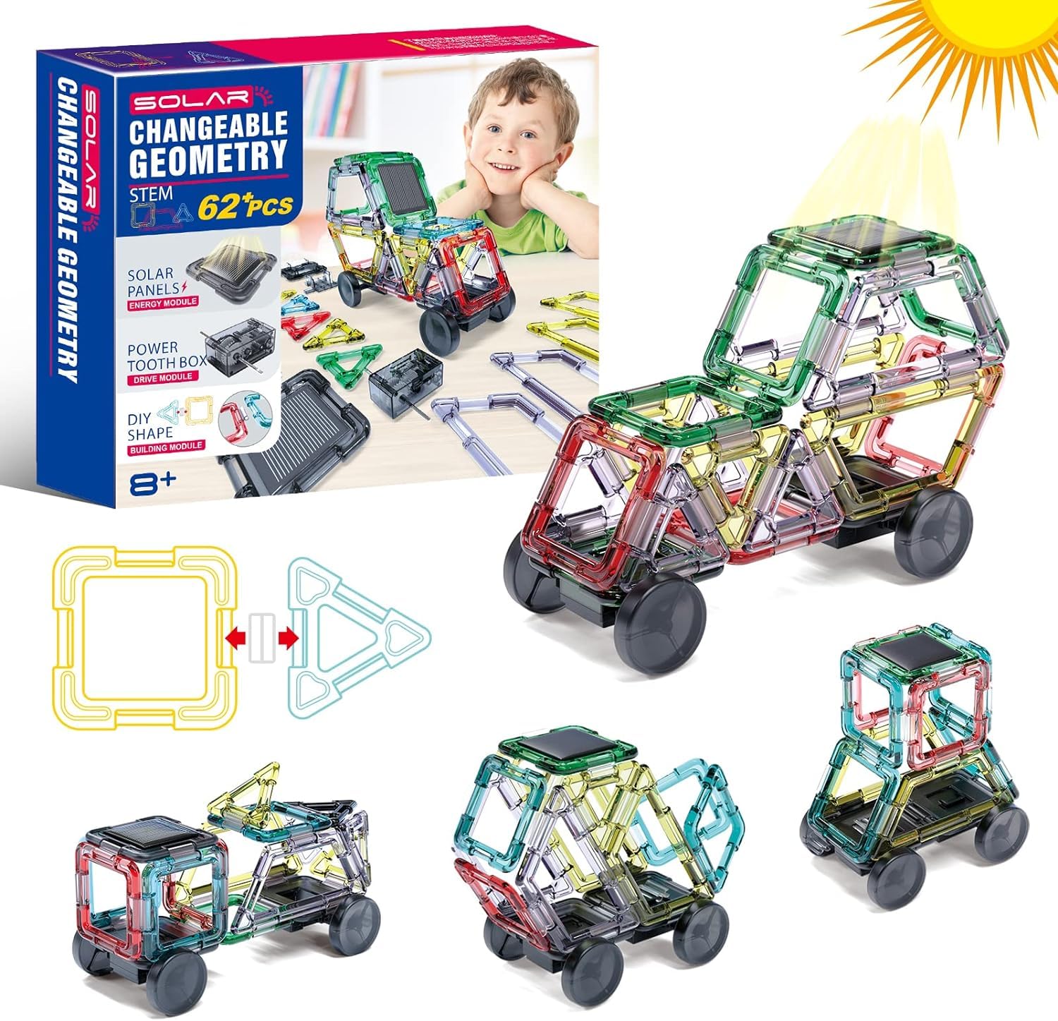 KIDSAVIA - 62pcs Solar Powered Tiles Car toy | Building Toy Blocks | Solar Toys | 16 Different Model Toys Car, Learning & Construction STEM Toys Gift for Boys Girls 6 8 10 years
