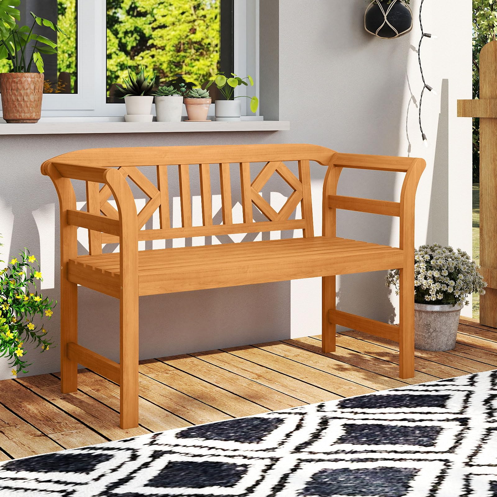 COSTWAY Banc de Jardin en Bois d'Acacia, Banc Exterieur Jardin à 2 Places, Dossier à Motif Géométrique, Accoudoirs, Banquette pour Balcon Porche Piscine, Charge 360 kg, 118 × 50 × 78,5 cm (Style 2)