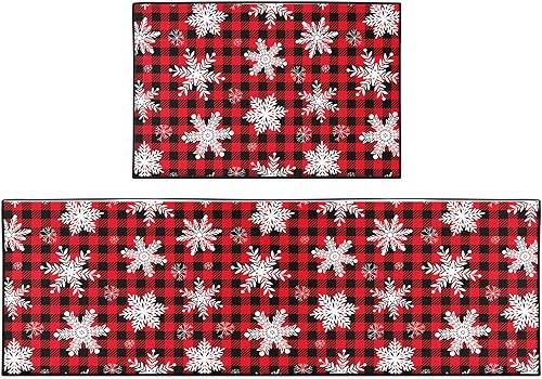 ArtSocket Juego de 2 alfombras y tapetes de cocina antideslizantes y lavables, diseño de copos de nieve navideños, cuadrícula roja, alfombra de
