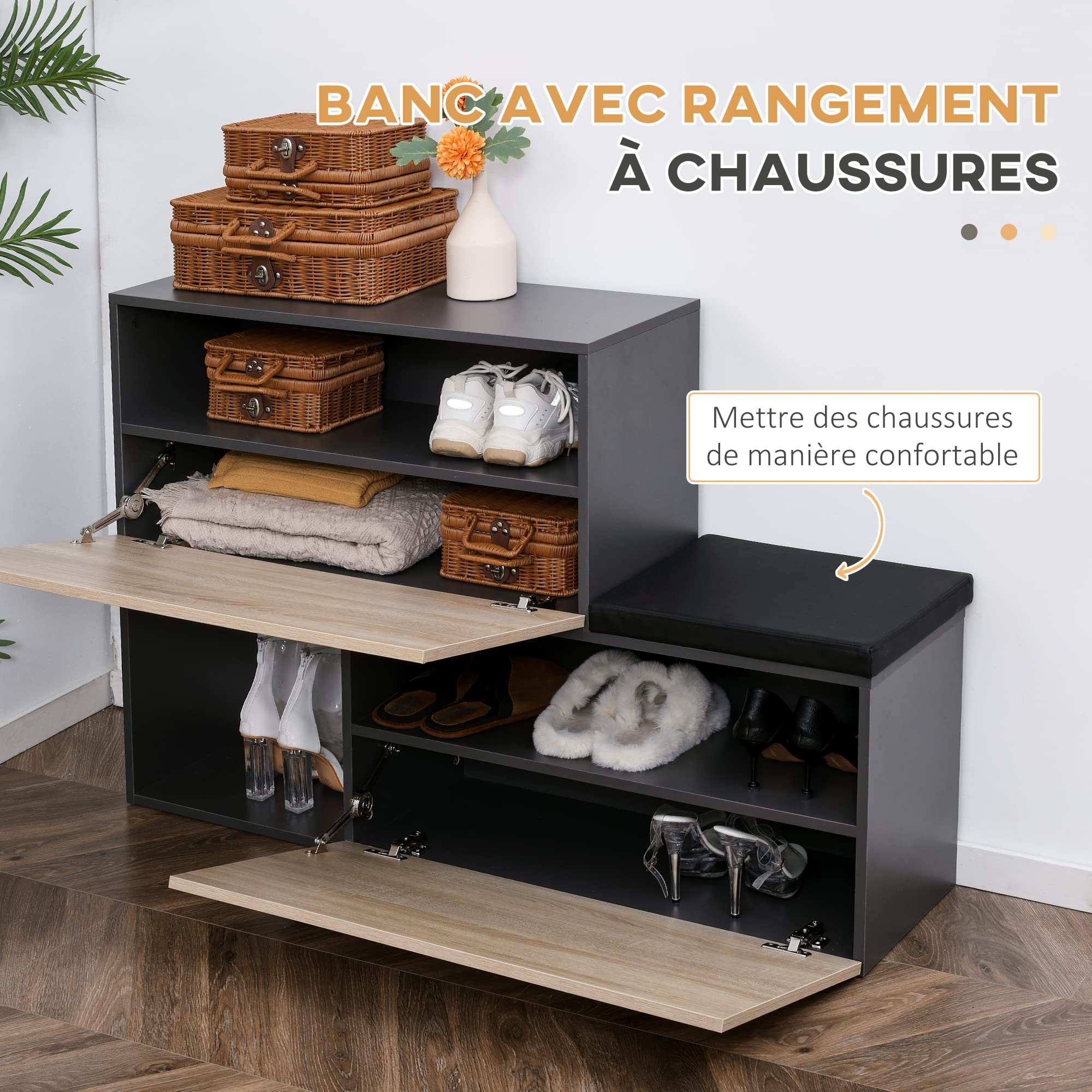 HOMCOM Set Mobile da Ingresso con Attaccapanni, Scarpiera con Panca, Mensola e Scaffale a Cubo in Legno, Grigio e Naturale