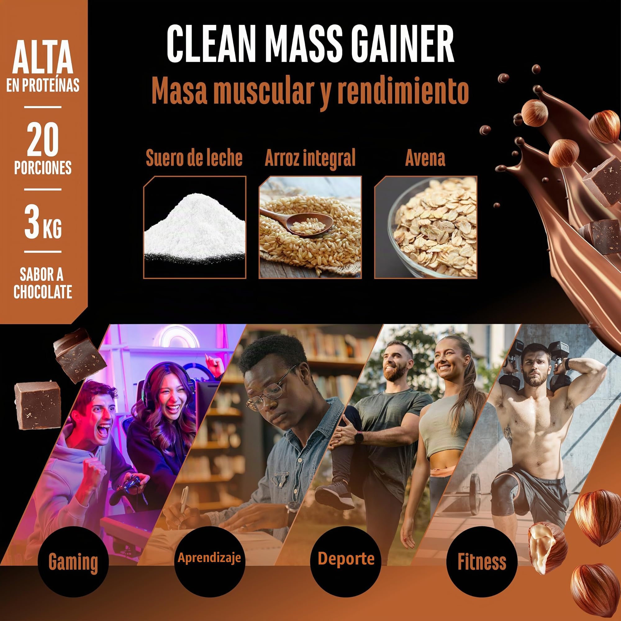 Clean Weight Gainer - 3 kg - Con Hidratos de Carbono Complejos y Proteína - Ideal para la Fase de Volumen - Polvo para Ganar masa y Peso - Vegetariano - Sabor Hazelnut Nougat