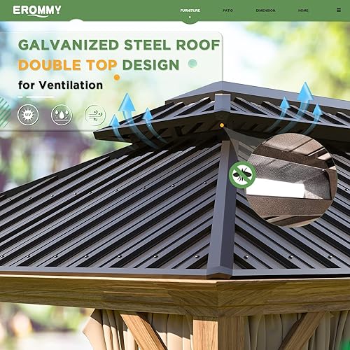 Miniatura 5 de EROMMY Cenador de 12 x 12 pies, toldo con marco de aluminio recubierto de madera con techo rígido de acero galvanizado doble, pabellón de metal