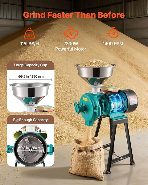 VEVOR Macchina per Polverizzazione Cereali Spezie Grano, Polverizzatore in Ghisa da 2200 W ad Alta Velocità con Piedini in Gomma Antiscivolo, per Cereali Secchi, Spezie, Caffè, Mais e Pepe - 4
