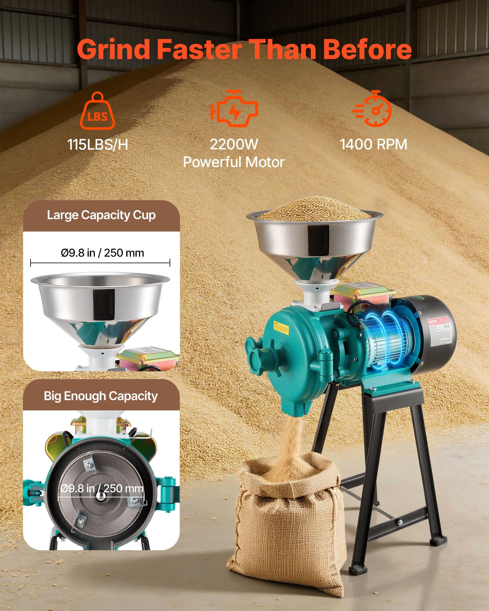 VEVOR Macchina per Polverizzazione Cereali Spezie Grano, Polverizzatore in Ghisa da 2200 W ad Alta Velocità con Piedini in Gomma Antiscivolo, per Cereali Secchi, Spezie, Caffè, Mais e Pepe - 5