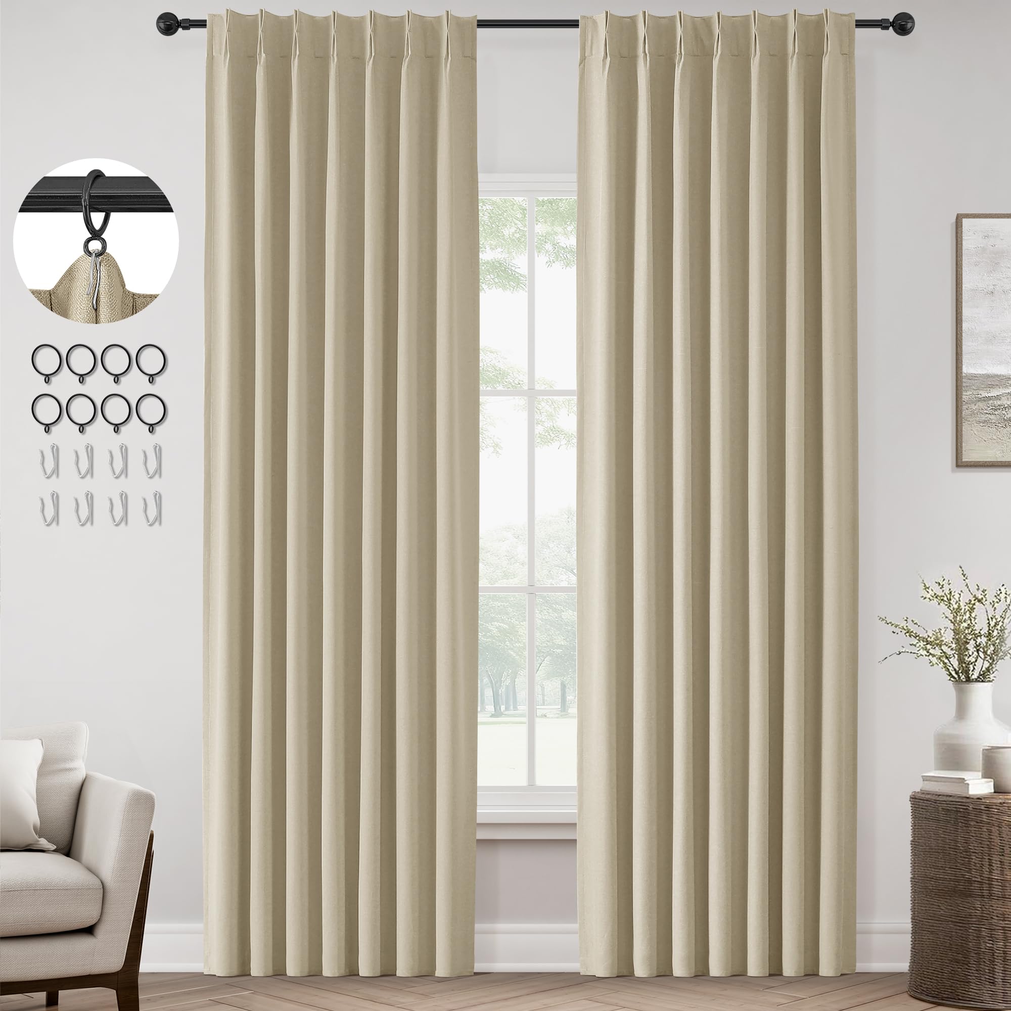 ChrisDowa Greyish Beige Pinch Pleated Blackout Linen Curtains 90 Inch Long 2 Panels for Living Room Bedroom Farmhouse Room darking Thermal Insulated