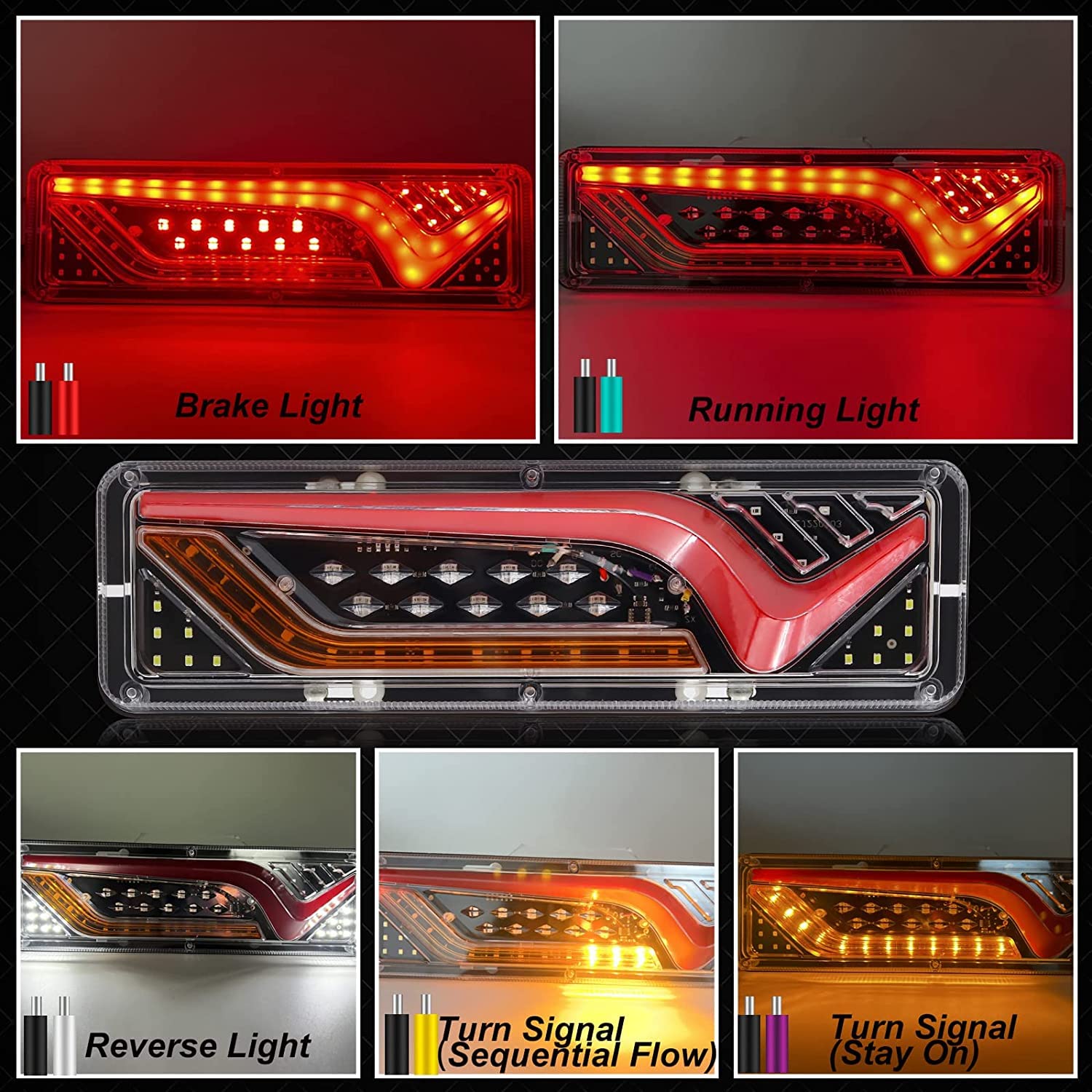 Biqing 2PCS Feux Arrière LED 24V, Multifonctionnel Feux Remorque LED Feux Stop Clignotant Dynamique Lampe pour Camion Remorque Caravane Tracteur