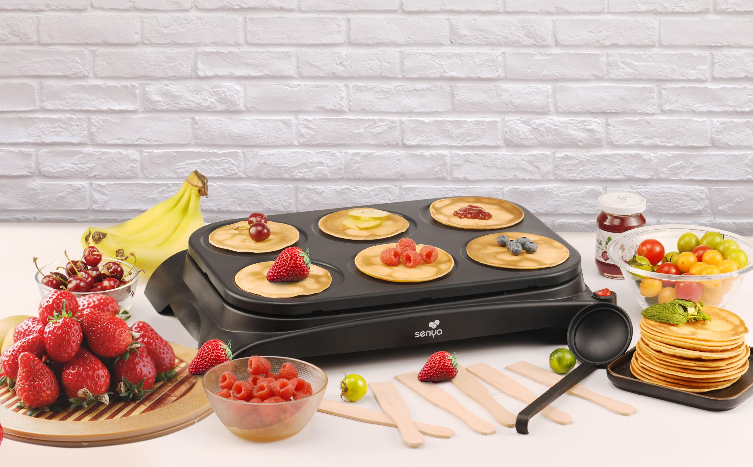 SENYA Crêpière électrique - Machine à crêpes 1000W - Plaque Antiadhésive Ø11,5 cm, Cuisson Rapide, crêpes, pancakes, 6 Spatules Bois + Louche, Mini Crêpe Party Facile à Nettoyer
