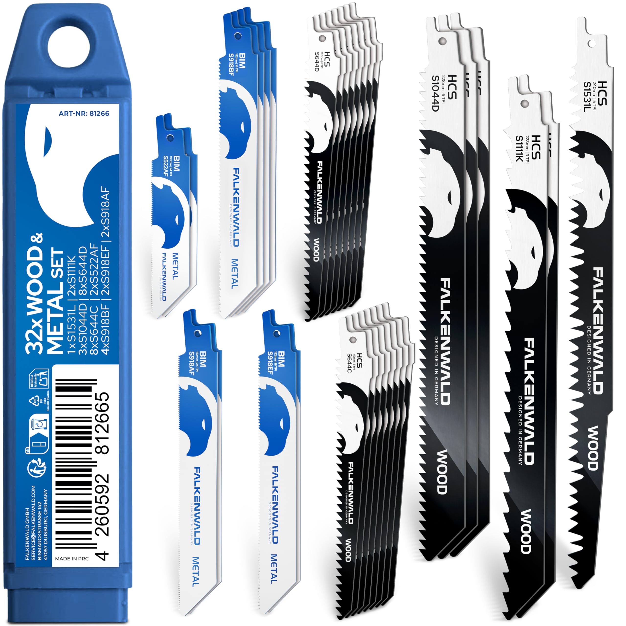 FALKENWALD® Säbelsägeblätter Set 32-tlg – 22x Holz + 10x Metall - Bi-Metall & HCS - Für Holz, Metall, Edelstahl, Rohre, Laminat - Passend für Bosch, Makita, Einhell u. v. m.