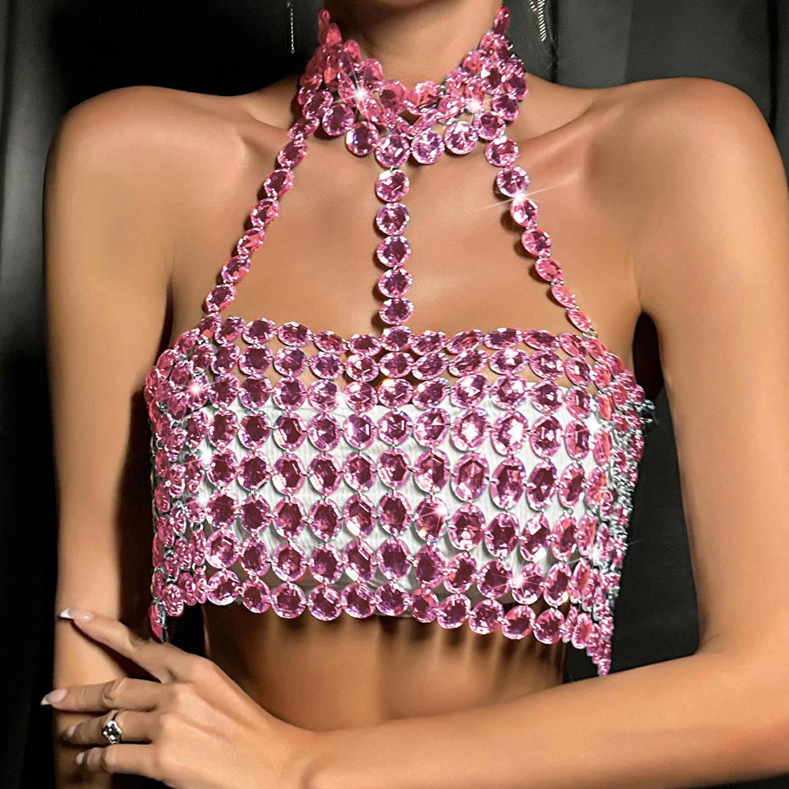Reggiseno da donna con allacciatura al collo e schiena scoperta, gioiello con strass cavi, top crop top per feste e discoteche, con strass di cristallo, allacciatura al collo
