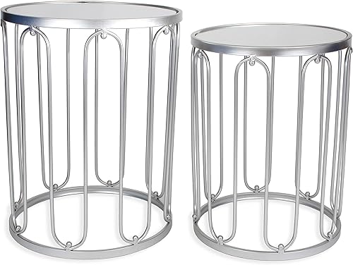 Miniatura 11 de Rutledge & King Juego de mesa auxiliar redonda, mesas auxiliares plateadas con tapas de espejo, mesas decorativas redondas anidables, mesas Odessa -