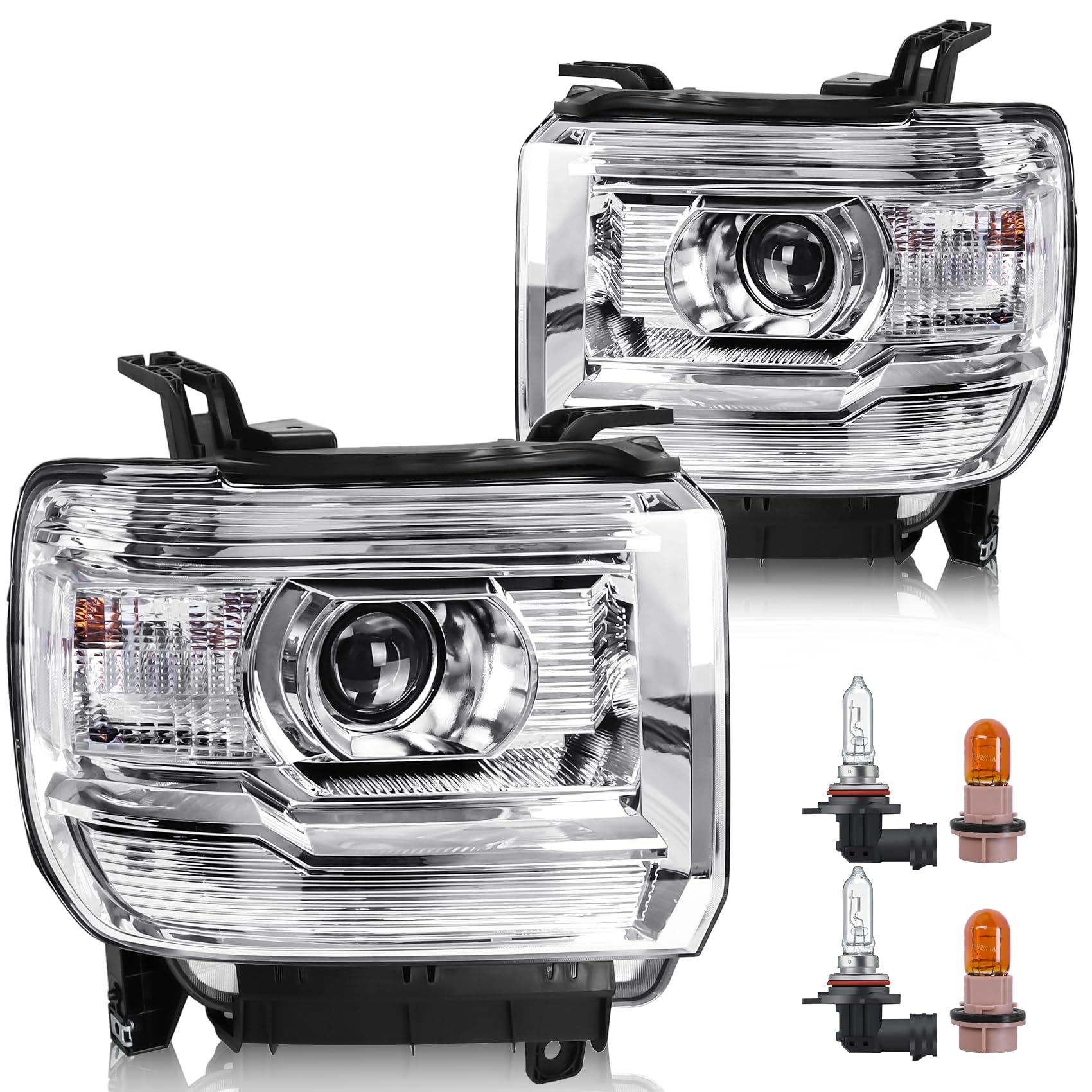 headlight assembly compatible with gmc sierra 2014-2018 1500 | 2015-2019 2500hd/3500hd base/denali/sle/slt, halogen headlamp replacement w/o led drl, with bulbs, chrome housing white reflector