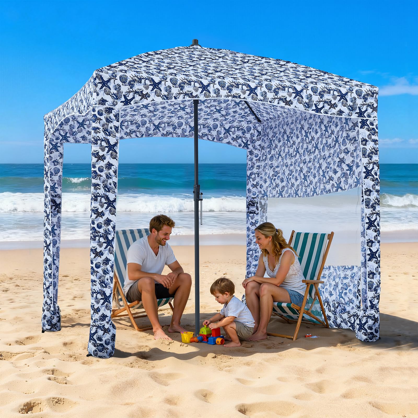 VEVOR Parasole da Spiaggia Portatile 1830 x 1830 x 2290 mm, con Parete Laterale e Tasche per la Sabbia, Ombrellone Parasole Portatile Regolabile in Altezza per Famiglia e Amici, Blu Scuro con Motivi