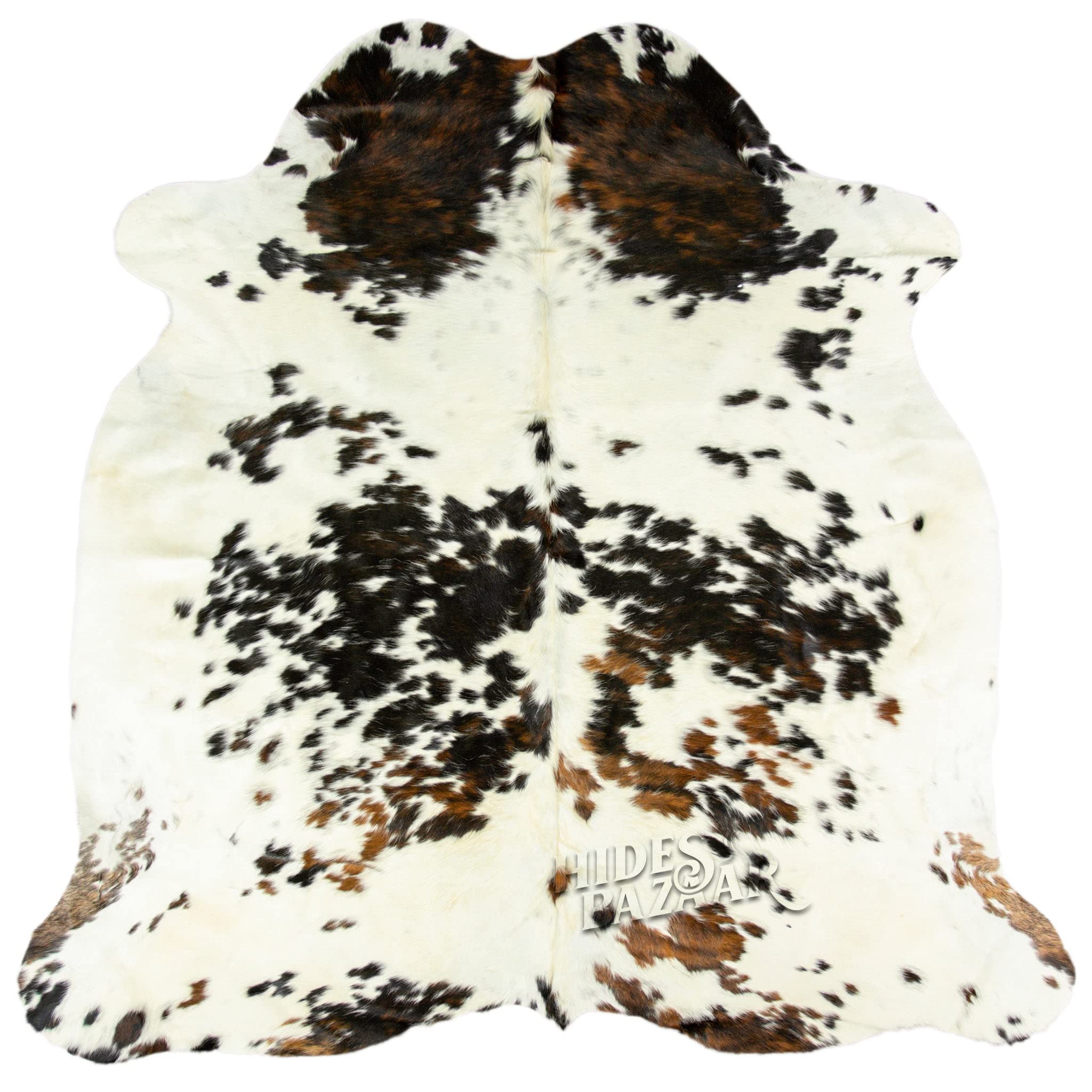 HIDES BAZAAR Light-Tricolor Cowhide Rug, White, Brown and Black Color Mix, Natural Leather Area Rug