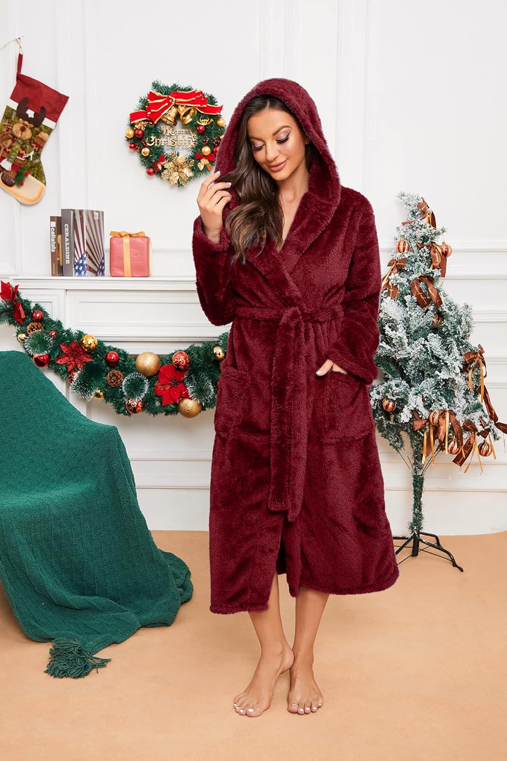 HEARTNICE Womens Hooded Fleece Robe, Thick Warm Plush Bathrobe for Women, Long Fluffy Comfy House Coat Long Fur Fleece - Image 6