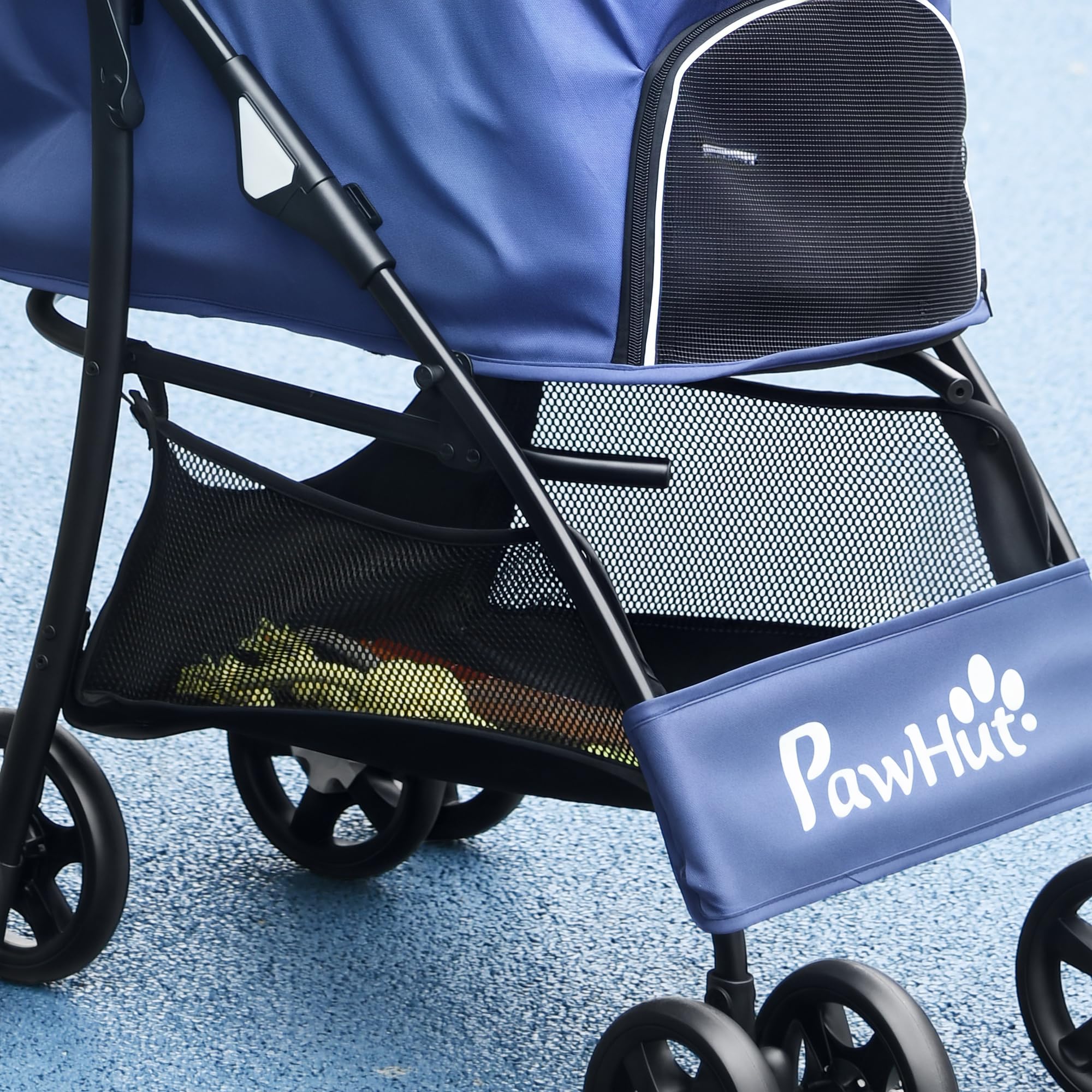 PawHut Carrito para Perros Plegable Cochecito para Mascotas Carrito para Perros Pequeños con Cesta Capota Ajustable Ventana de Malla y 2 Ruedas Universales Carga 15 kg 81x48x99 cm Azul Oscuro