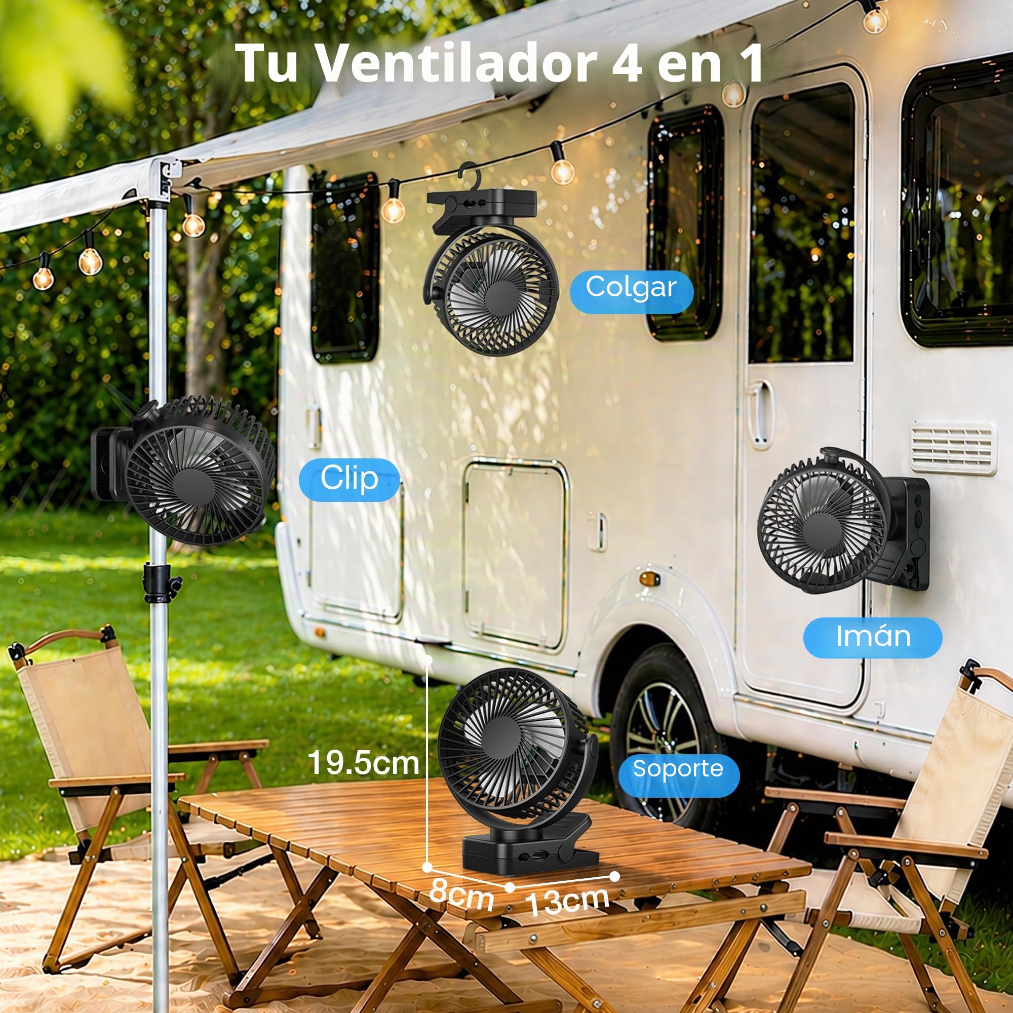 USB Ventilador Portátil Recargable 12000mAh 4 en 1 Ventilador Mesa Pinza Magnético con Mando 3 Velocidades Luz LED Temporizador 360°, Ventilador Sobremesa para Coche Camping Carro Bebé, Negro