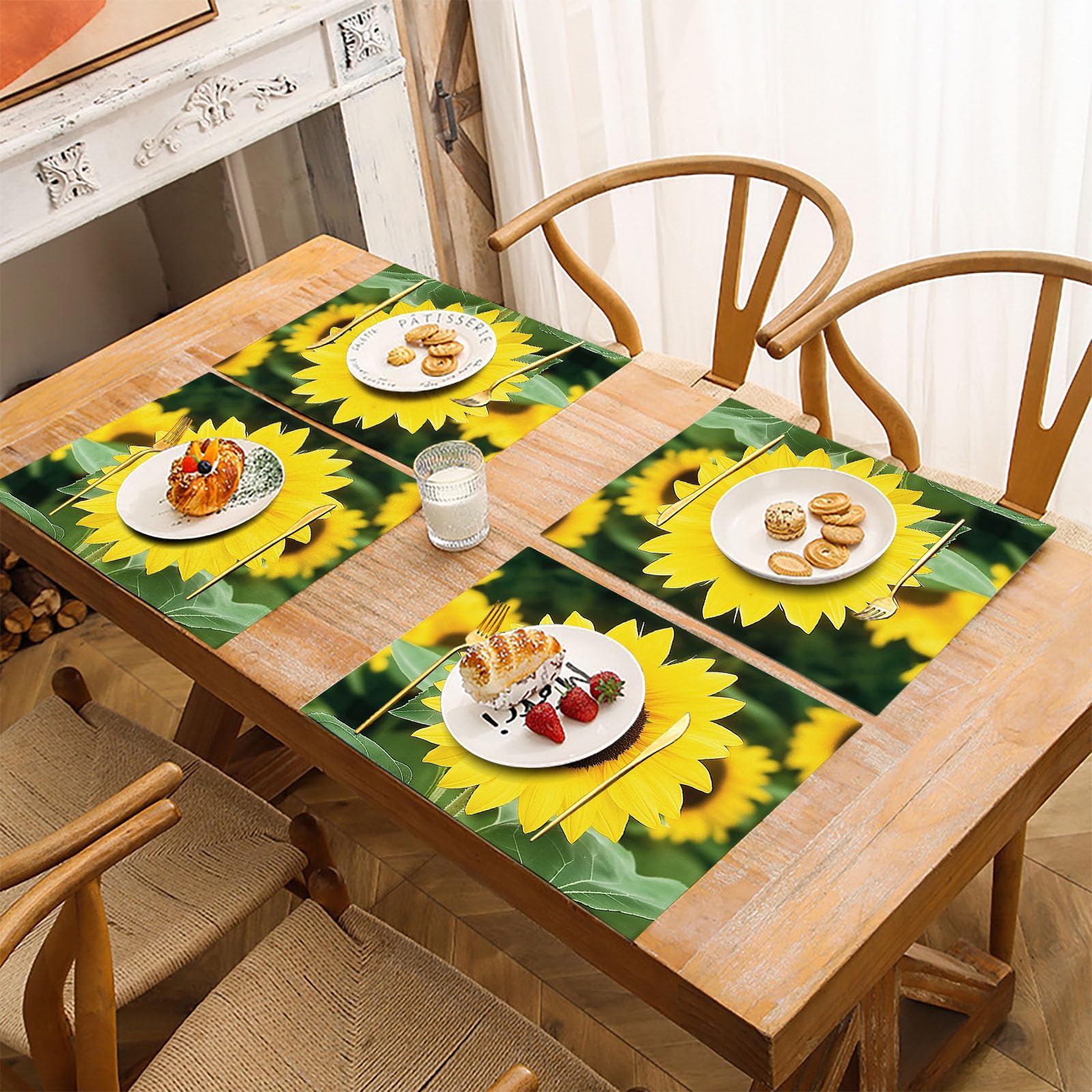 Set di 8 Colazione Stoffa 30x45cm, Natura Girasole Cotone e lino Tovagliette Americane Lavabili, Tovagliette Giallo Petali per Primavera Vacanze Cucina Feste, Pasqua
