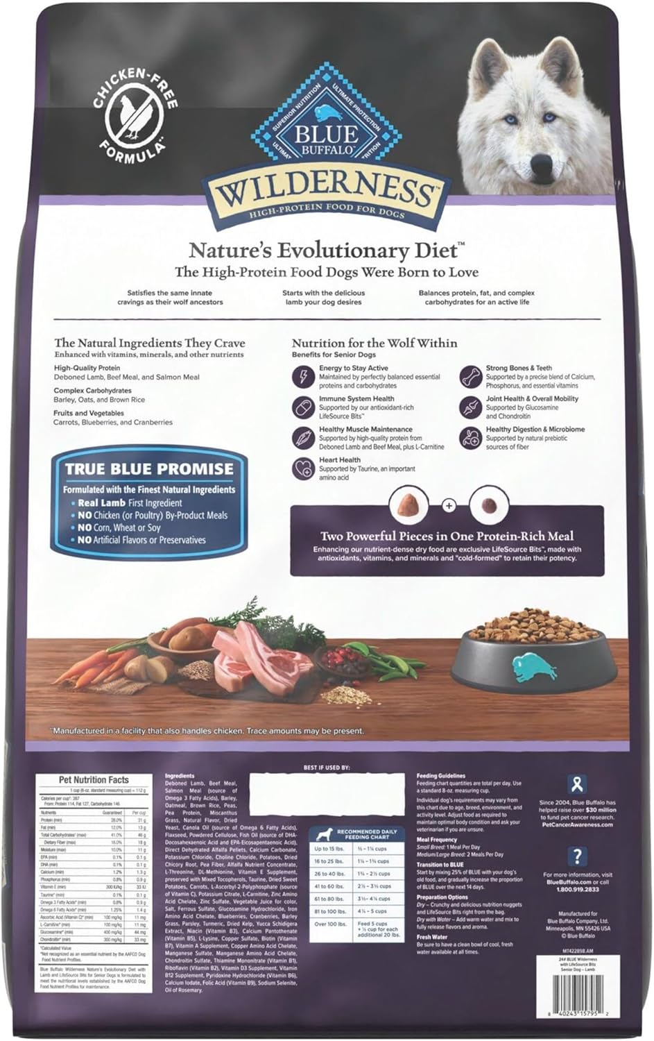 Blue Buffalo Wilderness 31 g Protein, Meat Rich Natural Dry Senior Dog Food, Lamb, Chicken-Free Formula, 24lb Bag