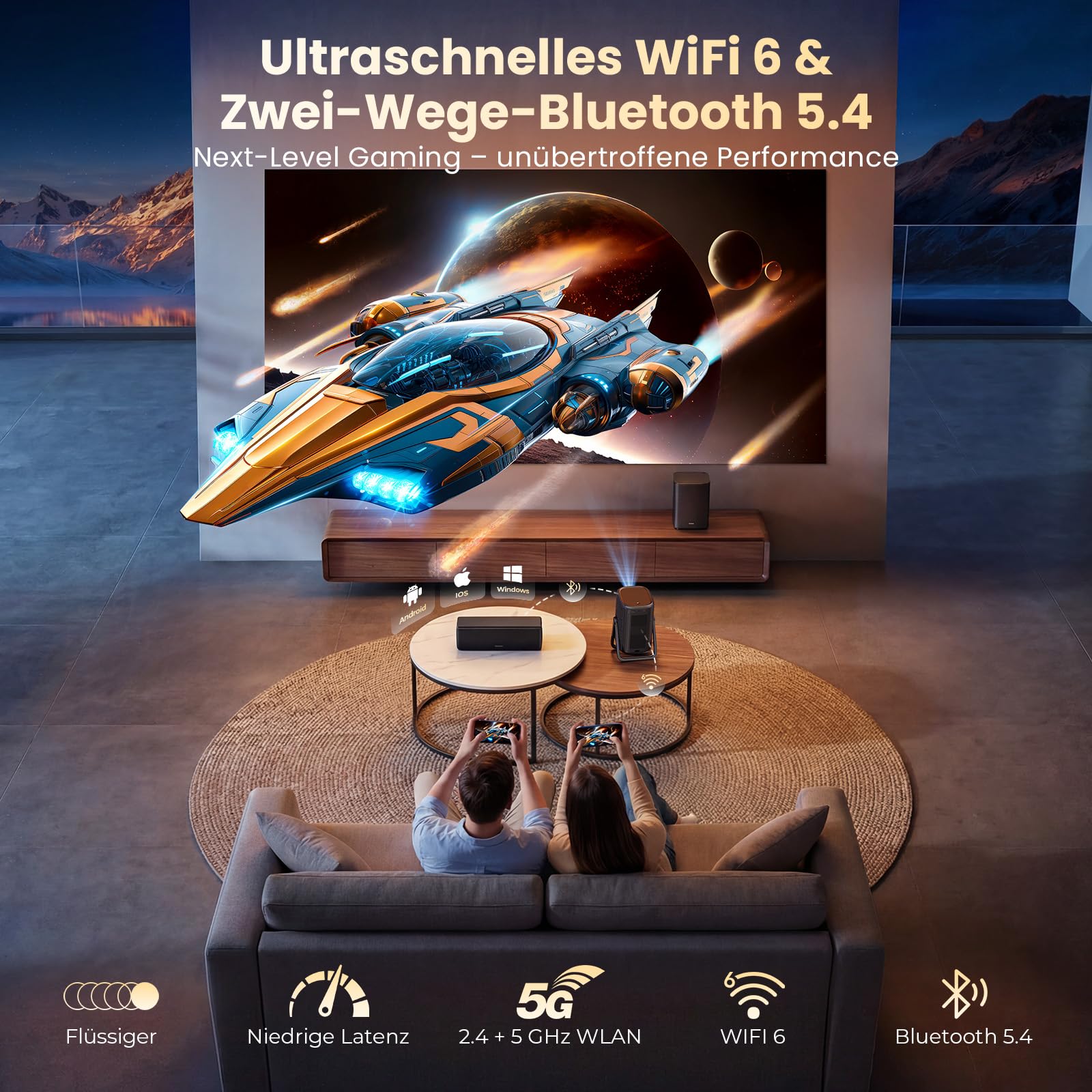 4K Smart Beamer | KOGATA Kurzdistanz 1.1:1, tragbar | Kompatibel mit Netflix-App | Dolby Audio & DTS | Autofokus & 6D Keystone | HDR10+, WiFi 6 & Bluetooth 5.4 | Heimkino, Outdoor & Garten Projektor