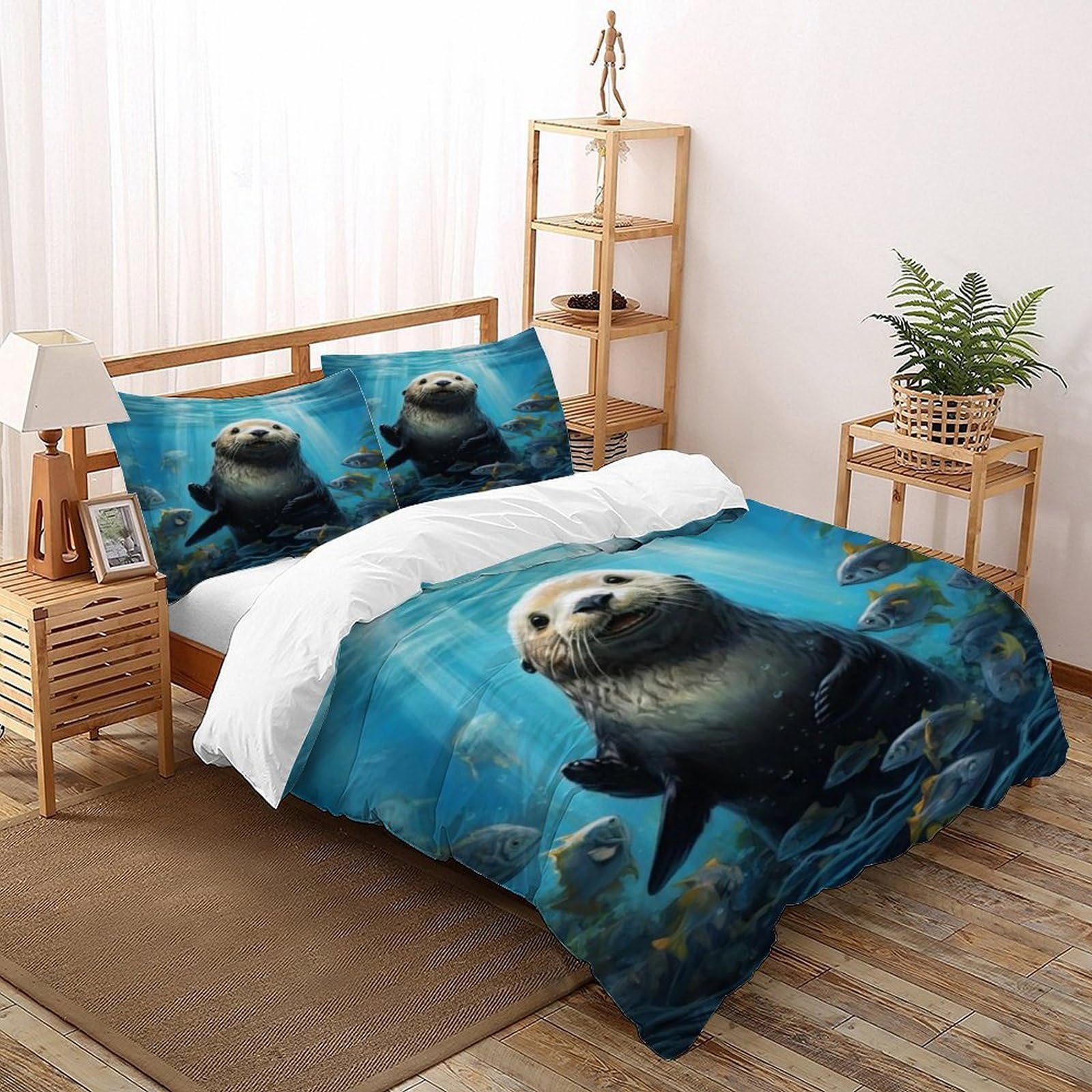 Otter Fish Bedding Set 3D Digital Printing Animal Themes Marine Animals Duvet Cover 3 Pieces Set Chic Breathable Quilt Cover Universal for All Seasons with Pillow Double（200x200cm）