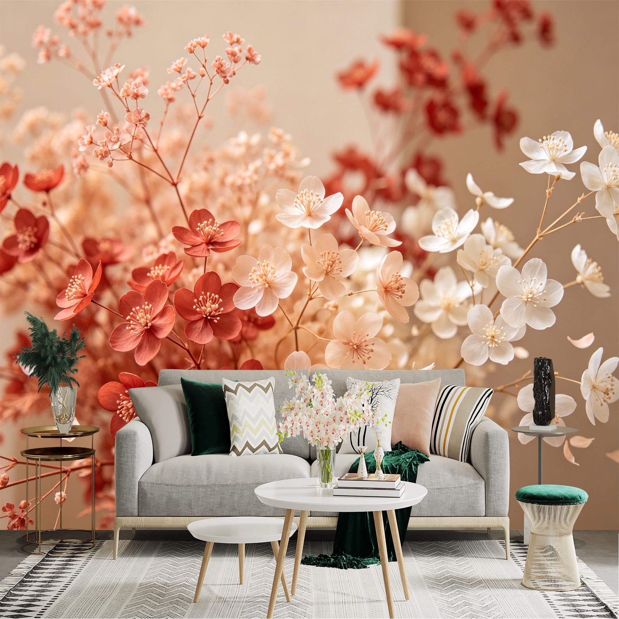 Lnzczhyre Dbh260521046 Custom Size Wall Sticker Mural， Soft Red And White Floral Arrangement， Aesthetic Blossom Petals， Romantic Botanical Decor， For Wall Decoration， Peelandstick Wall Decals.