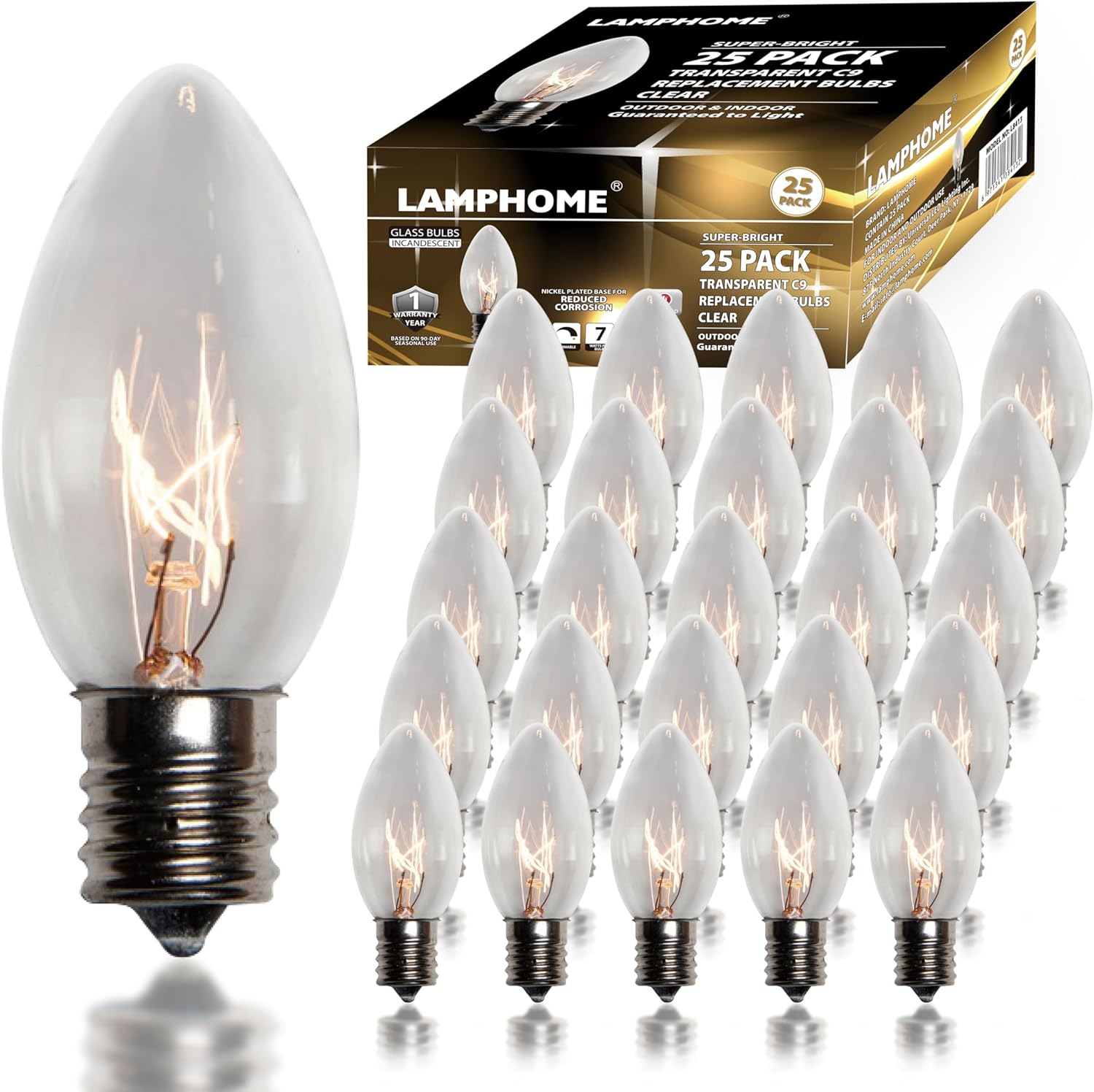 LAMPHOME 25 Pack C9 Bulbs Incandescent Light Bulbs