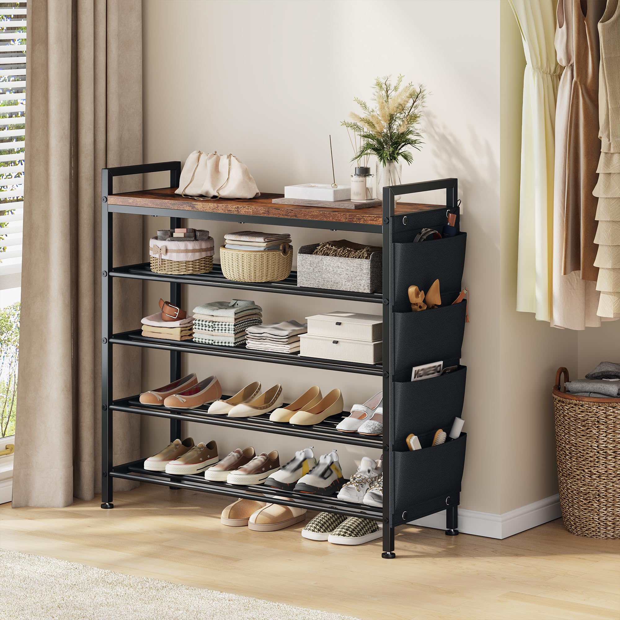 Zapatero Estrecho 5 Niveles, Zapatero metalico Madera sólido y fácil de Limpiar, Zapatero Entrada recibidor con Bolsillos Laterales, para 16-20 Pares, 30 x 76 x 96,5 cm, para Entrada y Pasillo