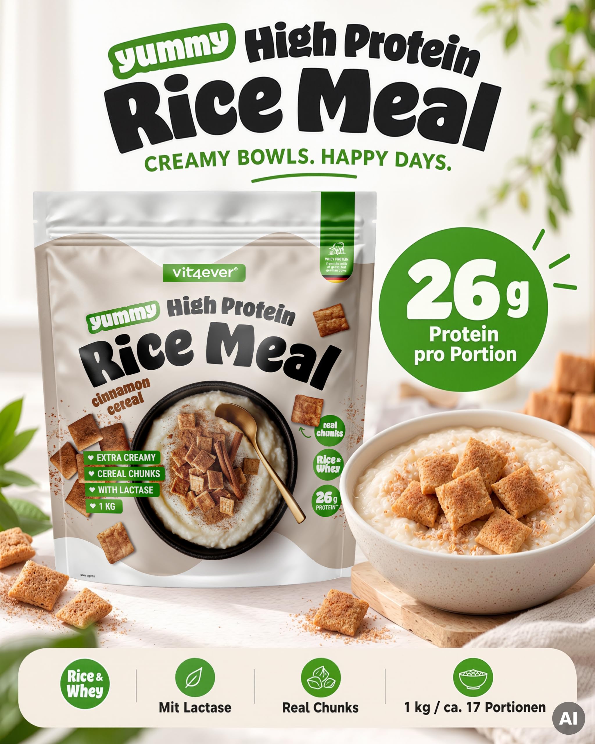 vit4ever High Protein Rice Meal Cinnamon Cereal mit echten Cereal Chunks