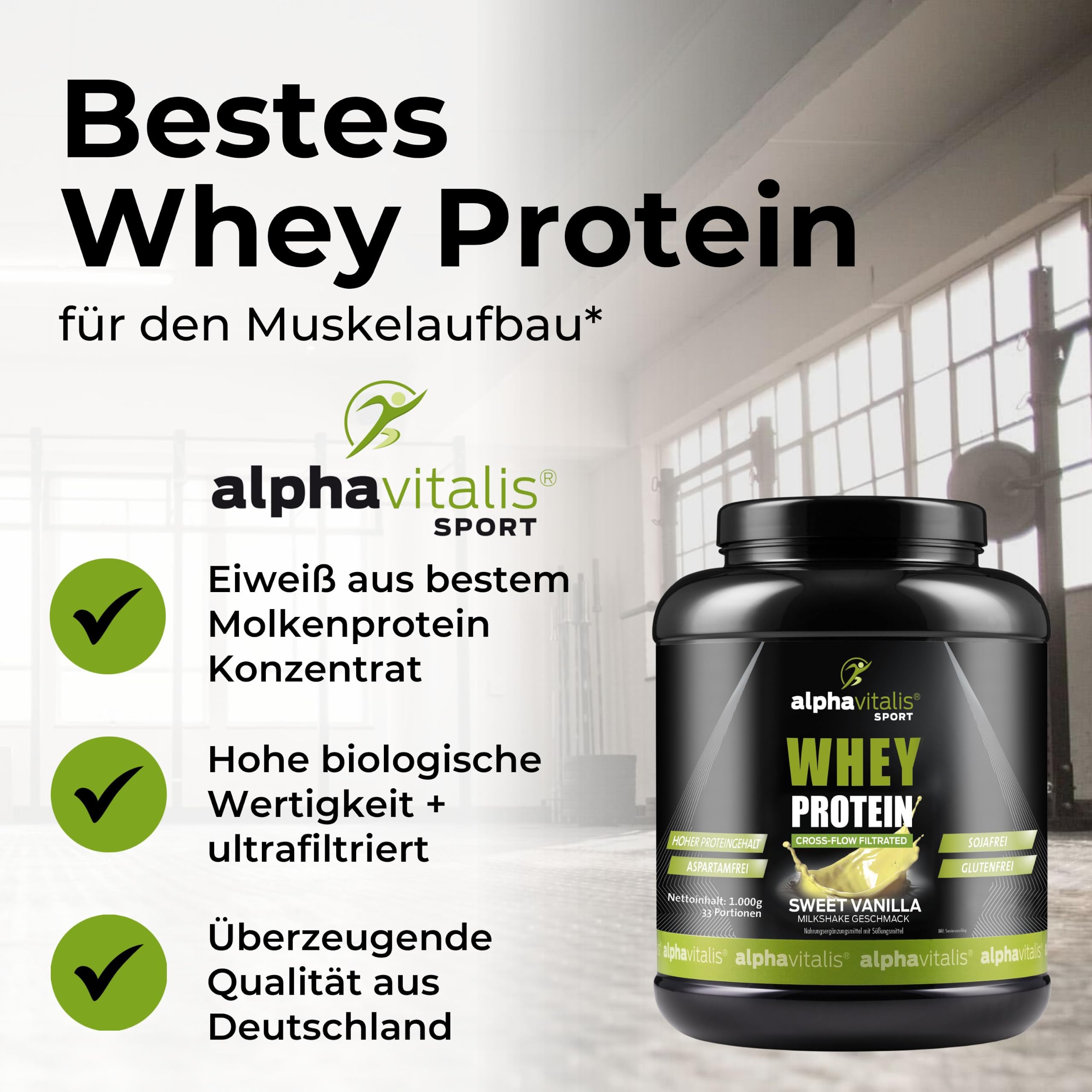 Whey Protein Pulver 1000g - leckeres Eiweißpulver für Proteinshakes, Kraftsport und Fitness - WPC cross flow mikrofiltiert CFM - Muskelaufbau Shake - Eiweißshake Vanille Milkshake