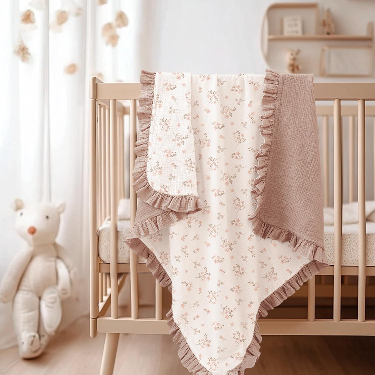 Konssy Flounce Muslin Baby Blanket for Girls Boys, 100% Cotton Soft Crib Swaddle Blankets, Reversible & Breathable Nursery Bedding for Newborns Toddlers, 40 x 36 Inches (Petal Dream)