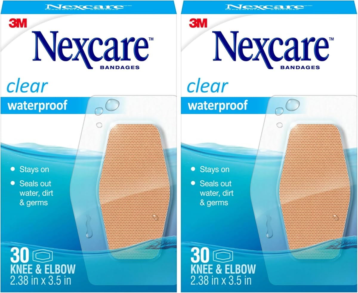 Vendajes transparentes impermeables para rodilla y codo, permanecen en la piel en el baño, la ducha o la piscina, 2.38 x 3.5 pulgadas, 30 unidades (paquete de 2)