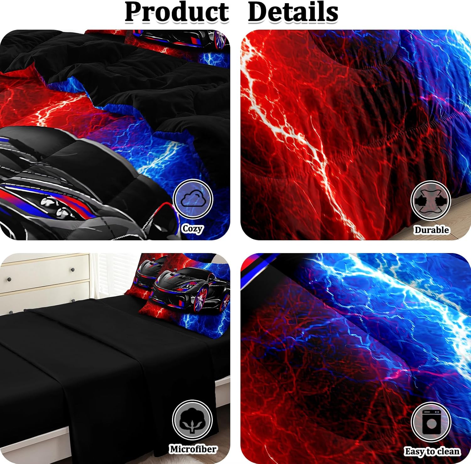 5 Pcs Car Comforter Sets for Boys, Cool Red Blue Lightnings Bed in A Bag Full Size Car Bedding Set for Boys Kids - Image 7