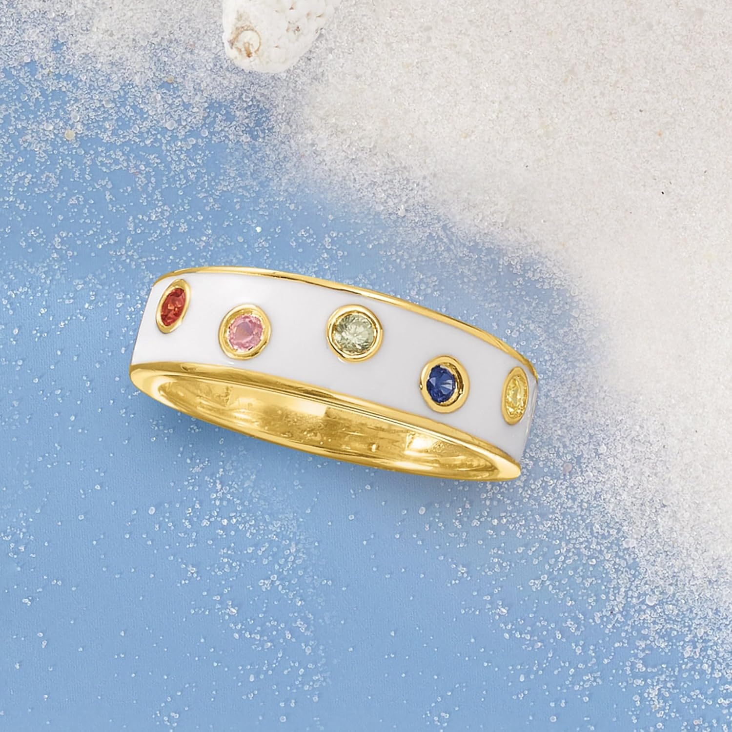 Ross-Simons 0.20 ct. t.w. Multicolored Sapphire and White Enamel Ring in 18kt Gold Over Sterling