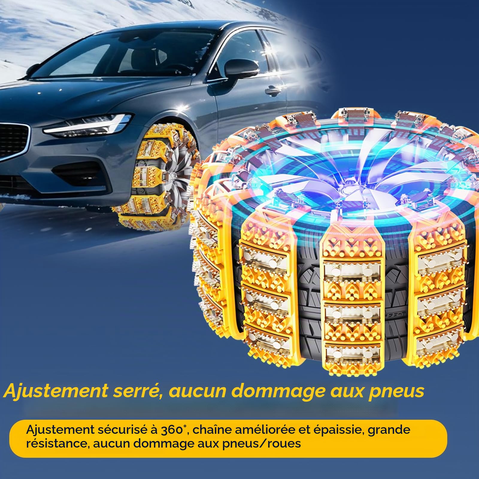 Chaînes à Neige 8 Pièces Anti-Dérapantes et Réglables pour Pneus 165-255 mm - Facile à Installer, à Picots, pour Voiture, SUV, Camion (Jaune)