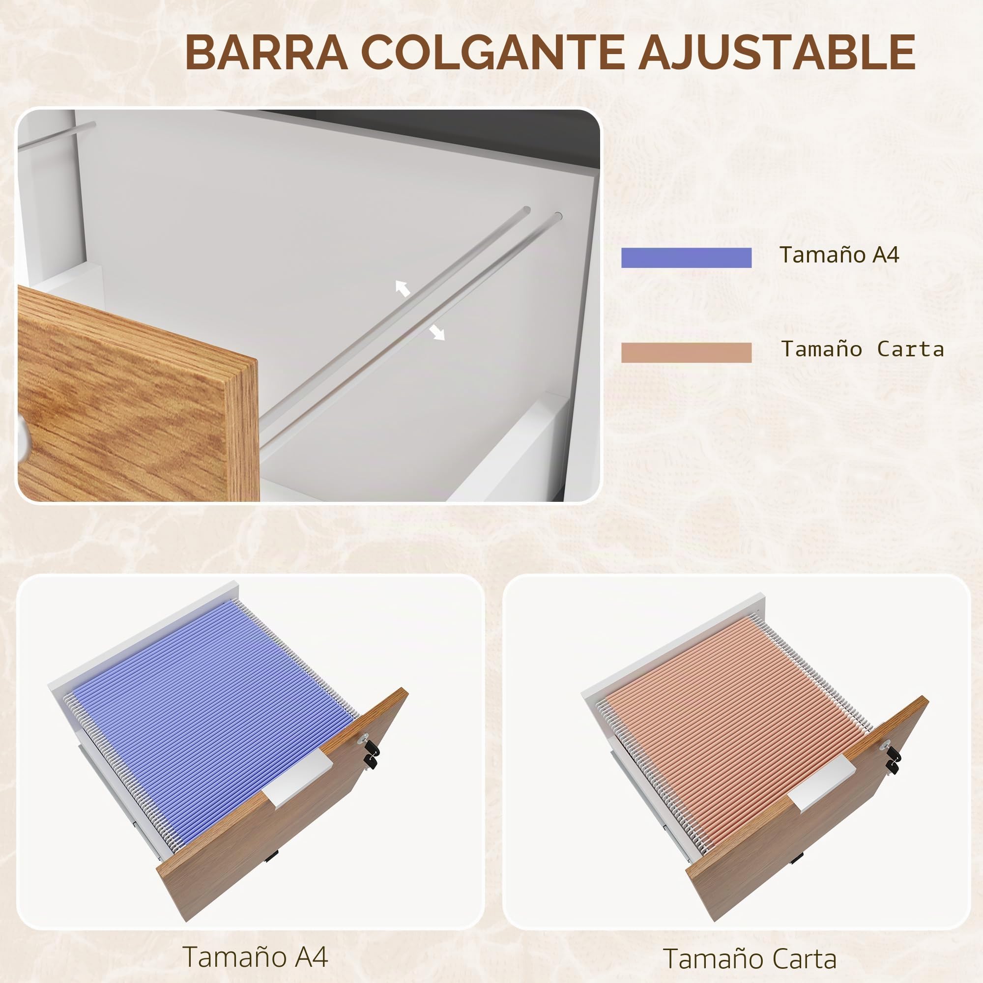 HOMCOM Cajonera de Oficina con Ruedas Mueble Archivador con 2 Cajones Barra Colgante para Carpetas A4 y Carta Cerradura en Cajón Inferior 42x40x60 cm Blanco y Natural
