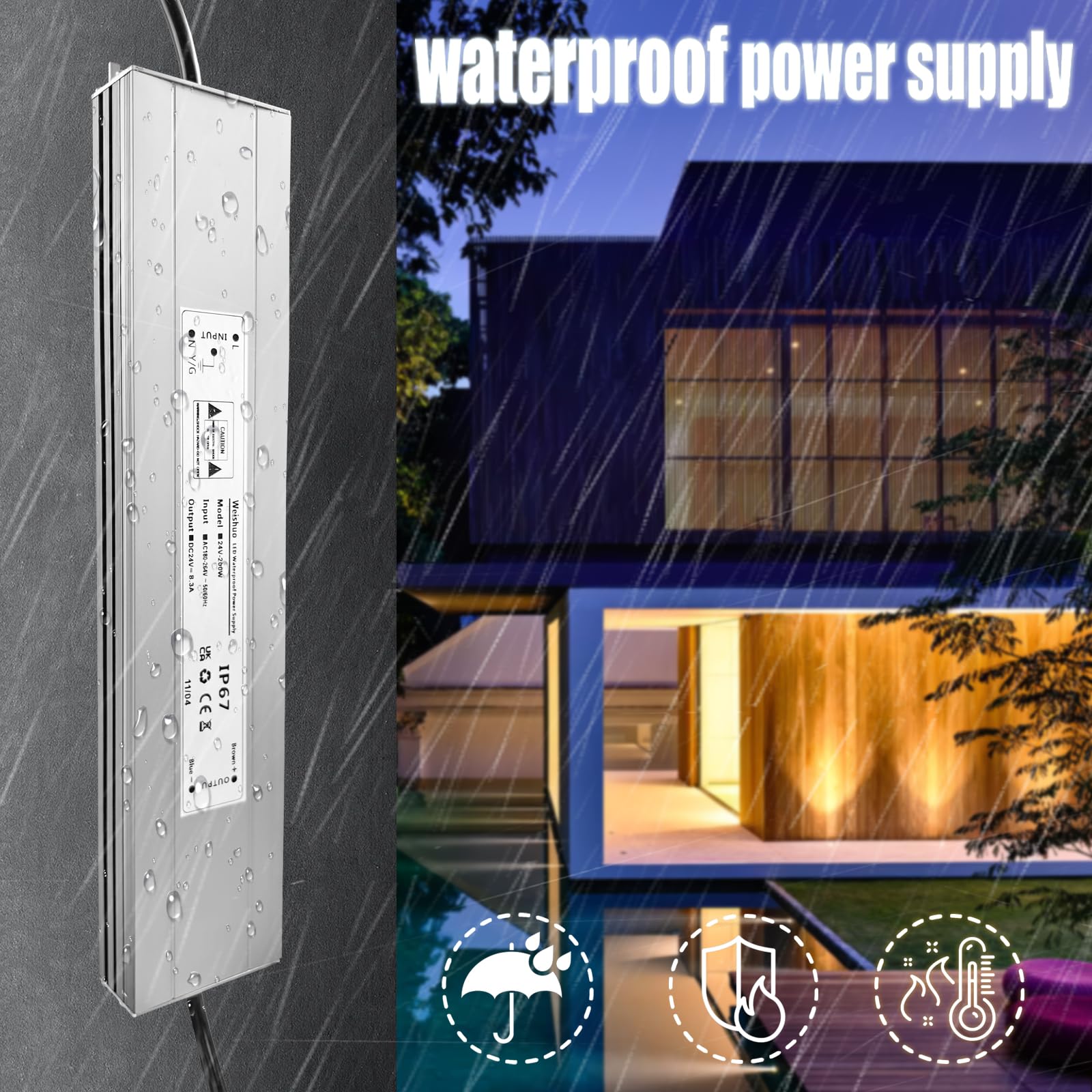 Transformador 220V a 12V 200W 16.7A Fuente Alimentacion LED IP67 Impermeable Ultrafino Transformadores Voltaje Constante Iluminación Exterior e Interior para Tira LED Luces LED
