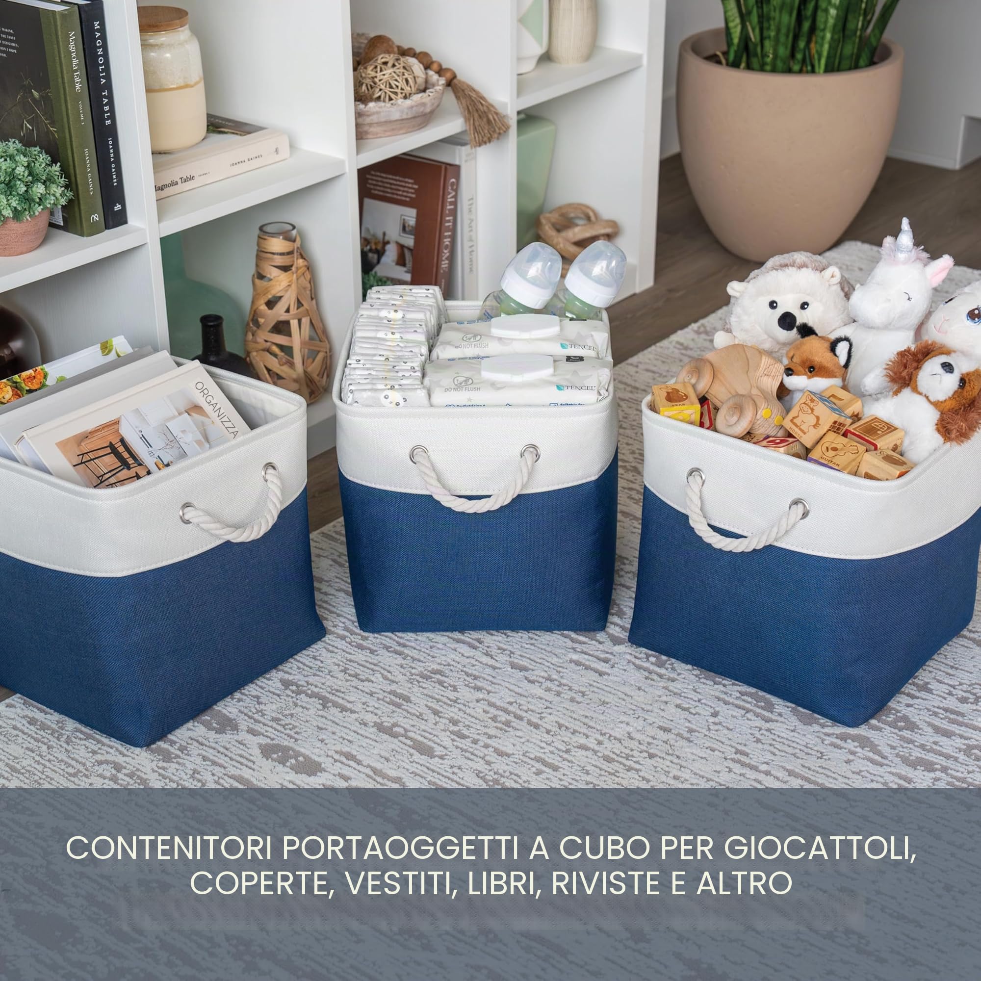 OrganiHaus Set di 3 Cubi Scatole Portaoggetti 28x28, Cestini Portaoggetti in Tessuto con Manici in Corda, Cubi Portaoggetti Pieghevoli per Libreria Kallax, Cestino per la Cameretta. Blu navy