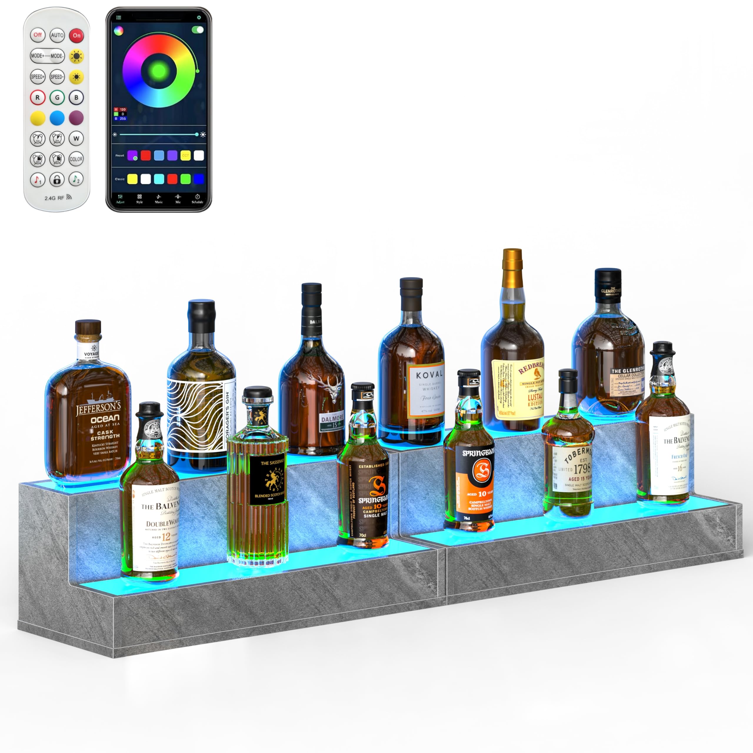 Bingoday 2 Pack LED Liquor Display Shelves Lighted Liquor Bottle Display Shelf with Acrylic Board Bar Display Stand for Home Bar Liquor Cabinet Decor (Grey, 2 step-20in)