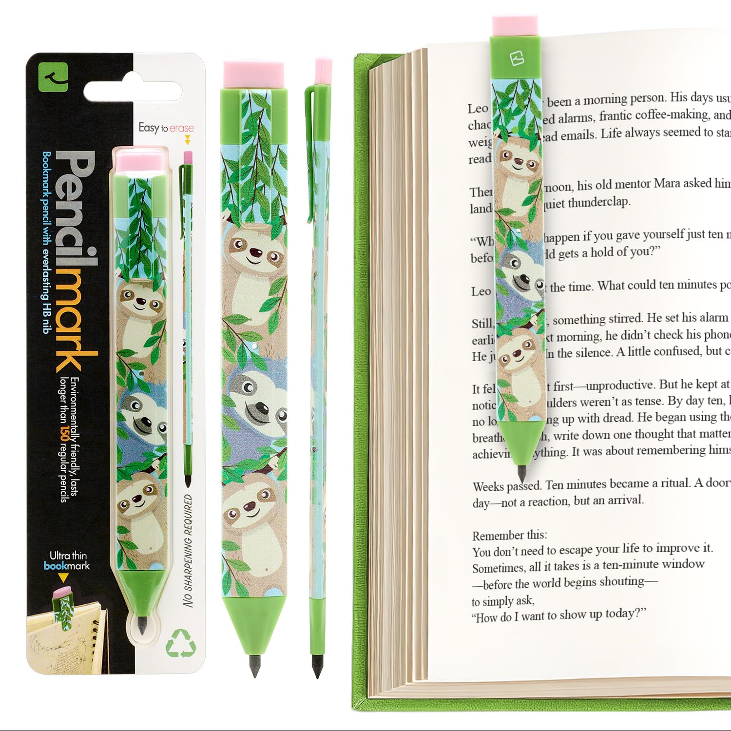 Gifts for Readers & Writers Pencil Bookmark & Page Marker - Slim Writing Tool & Stationery Accessory for Journal, Notebook, Planner, Book Annotations & Pencilmark Sloth
