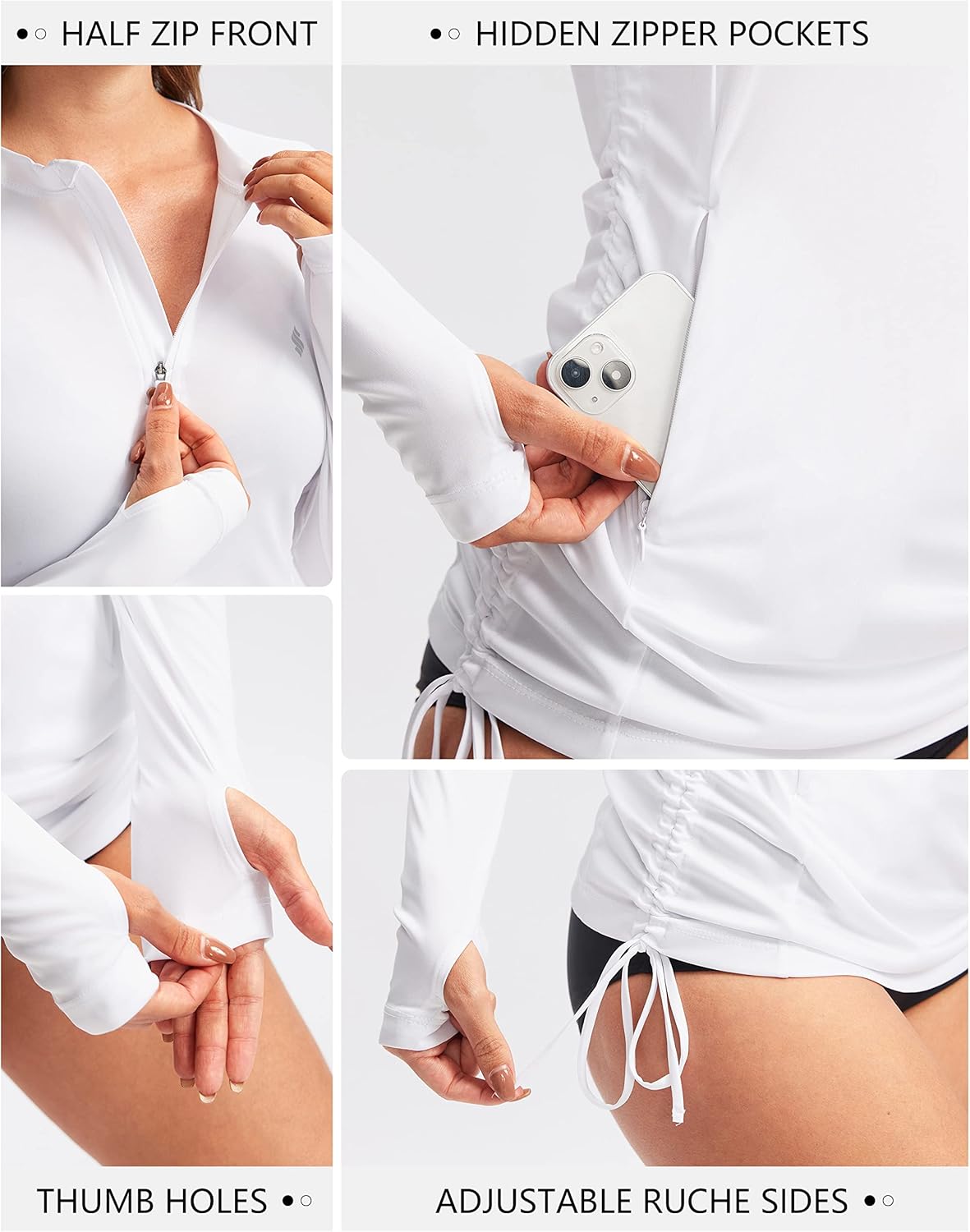 Soothfeel Women's Long Sleeve UV Sun Protection Rash Guard Shirts UPF 50+ Swim Shirt Swimsuits Top for Women with Zip Pockets