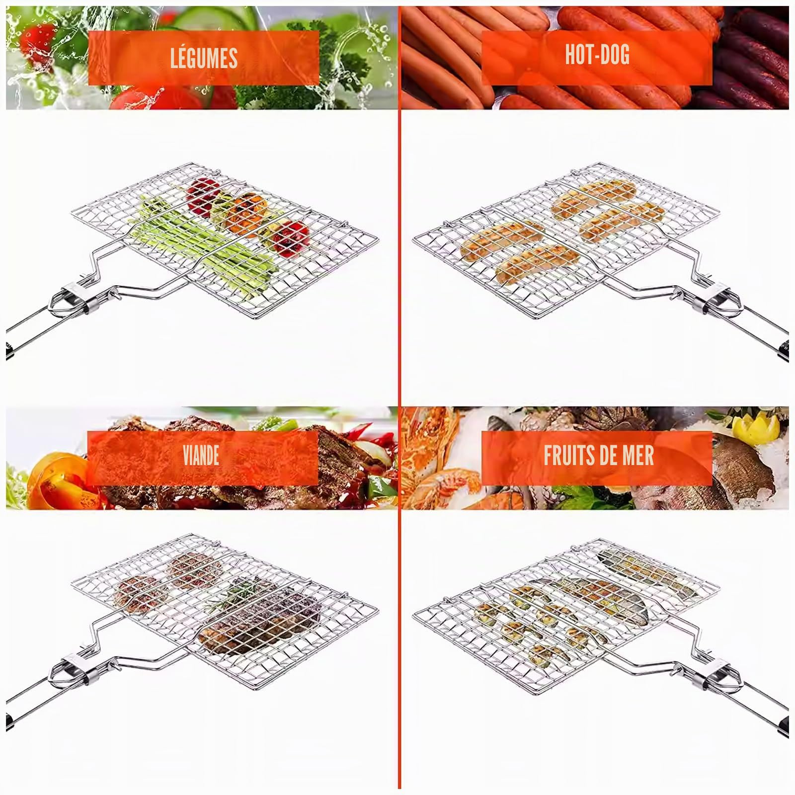 Lot De 2 Paniers De Barbecue Portables, Paniers De Grillades De Poisson Pliables, Paniers De Barbecue Pliables En Acier Inoxydable Avec Poignée En Bois Amovible Pour Poisson Rôti, Brochettes