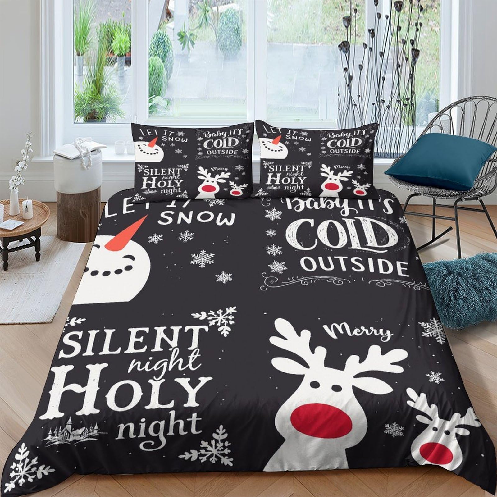 Ctjqhvkz Style-6 3D Printed Christmas Reindeer Fitted Sheet Microfiber Soft Black Snowman Bed Cover For Bedroom Dorm Mattress Protection Single（135X200cm）