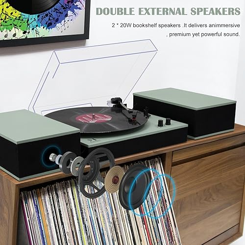 Miniatura 3 de MPK - Tocadiscos Bluetooth, sistema de alta fidelidad con altavoces de estantería, tocadiscos de vinilo de 3 velocidades con transmisión por correa