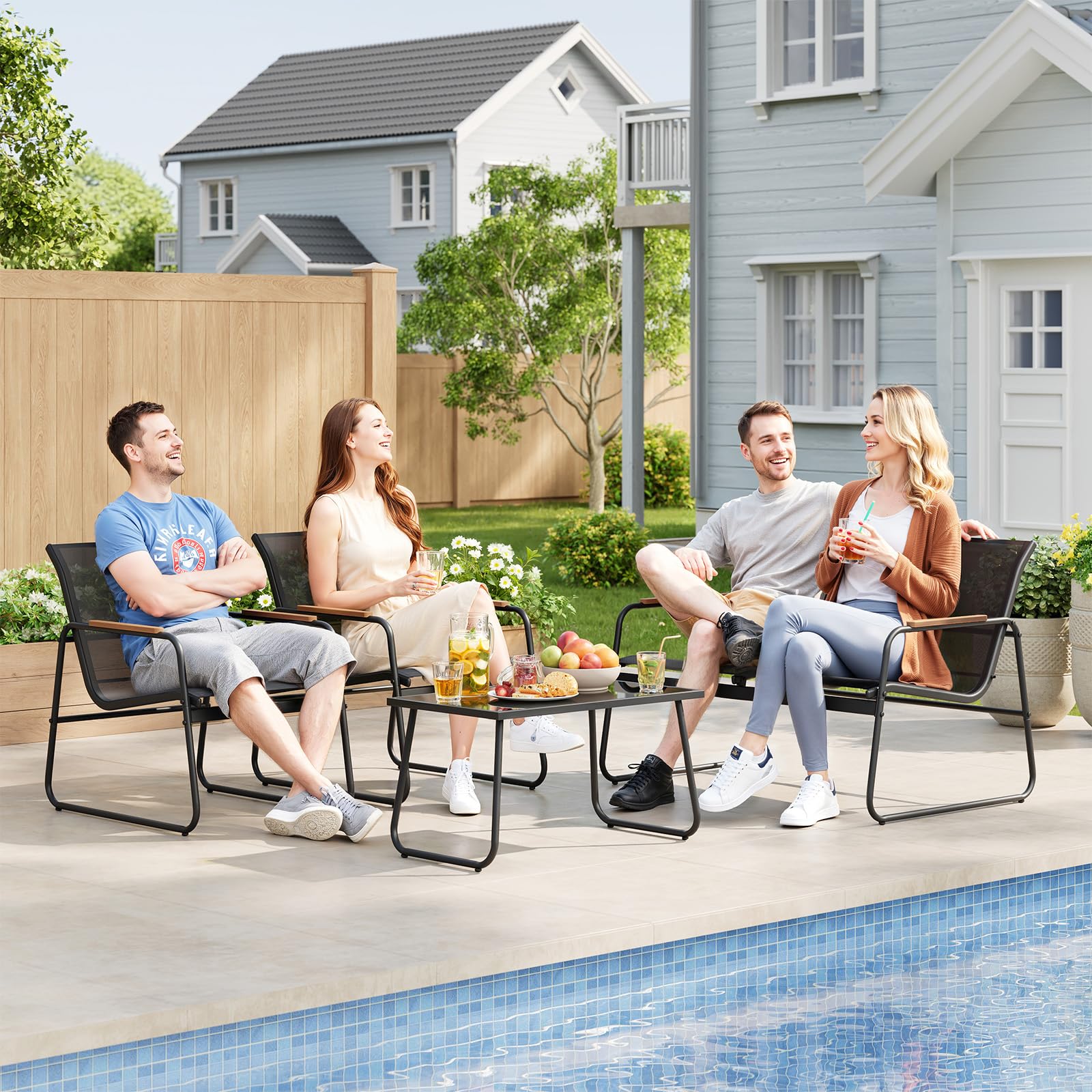 WOLTU Muebles Jardín de 4 Piezas, 1 Mesa 2 Sillas Terraza y 1 Sofá, Conjunto Jardín Exterior Resistente a Intemperie, Estructura Metal Resistente, Tela Transpirable, para Balcón Patio Terraza, Negro