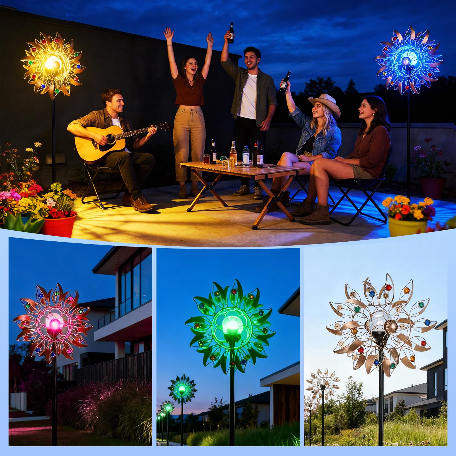 Solar Windrad Garten Metall mit Farbwechsel LED - Großes Windspiel Garten 190cm, Wetterfestes Windspiel Metall mit Federblättern & Kupfer-Optik, Windmühle für Außen Terrasse Balkon