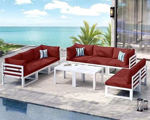 Miniatura 747 de NICESOUL 7 Piece White Powder-Coated Aluminum Patio Furniture with Fire Pit Table, 29 Inch Extra Wide Outdoor Sectional Sofa for 6, High-End Heavy