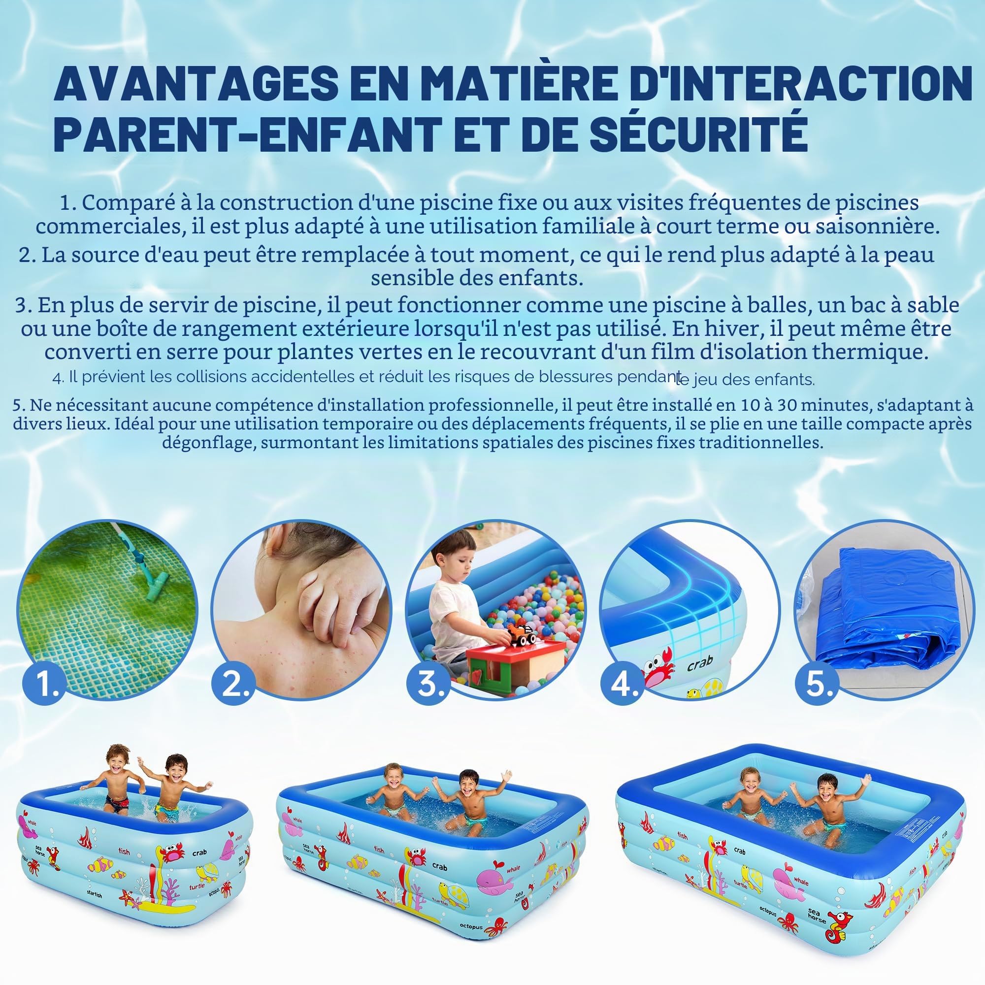 Piscine gonflable rectangulaire avec pompe, 180 x 140 x 50 cm, PVC durable, installation facile, kit de réparation inclus, pour s'amuser en plein air en famille en été