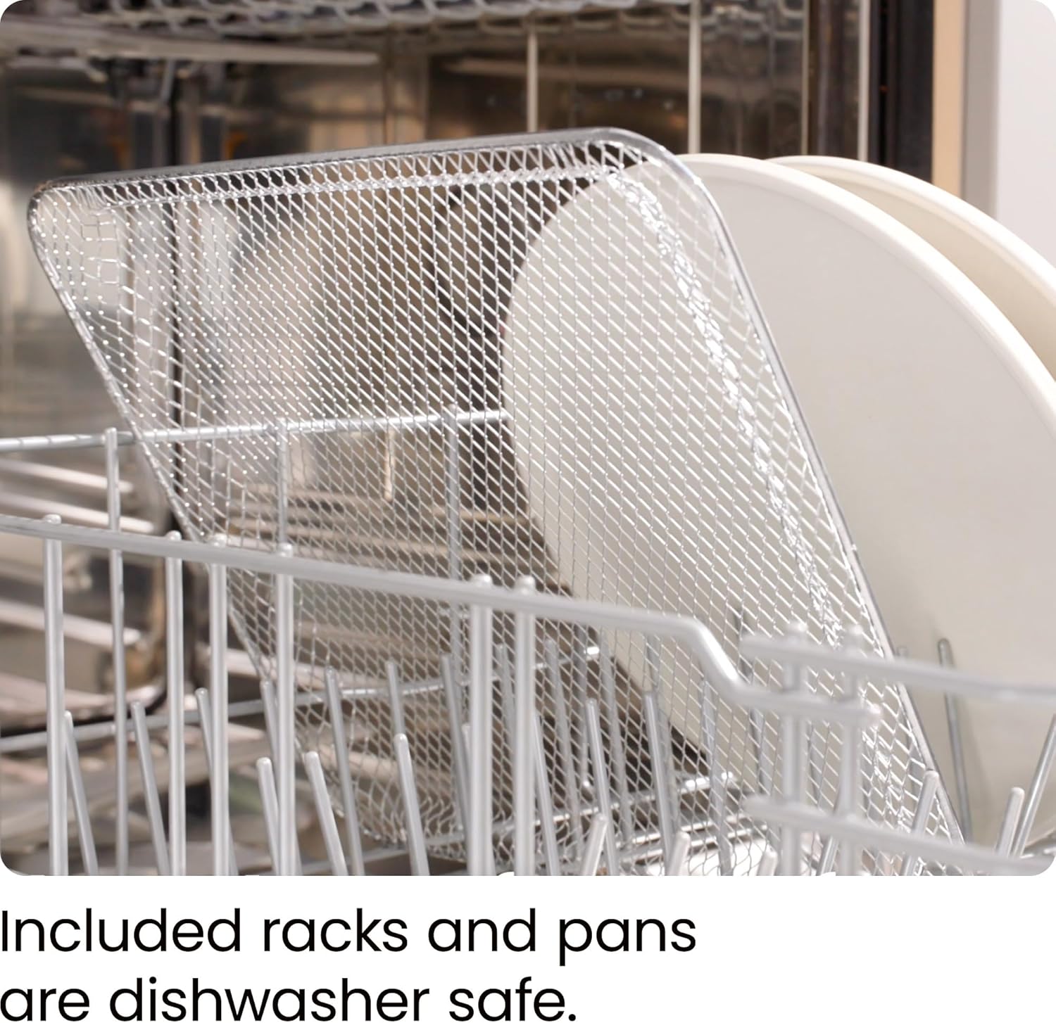 Air fryer basket and baking rack placed in a dishwasher for cleaning