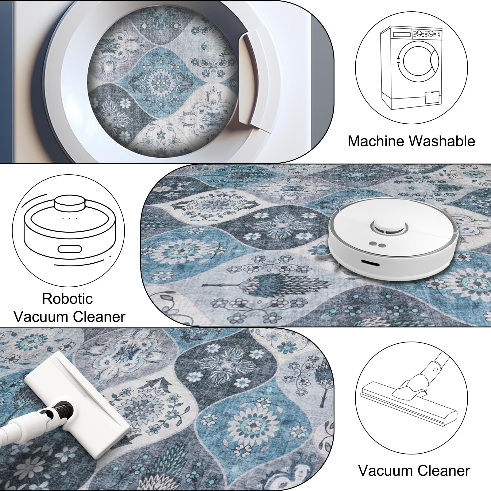 Xfrog Tapis marocain à motif treillis lavable pour salon, chambre d'enfant, chambre à coucher, bureau - Motif floral rétro - Antidérapant - 200 x 300 cm