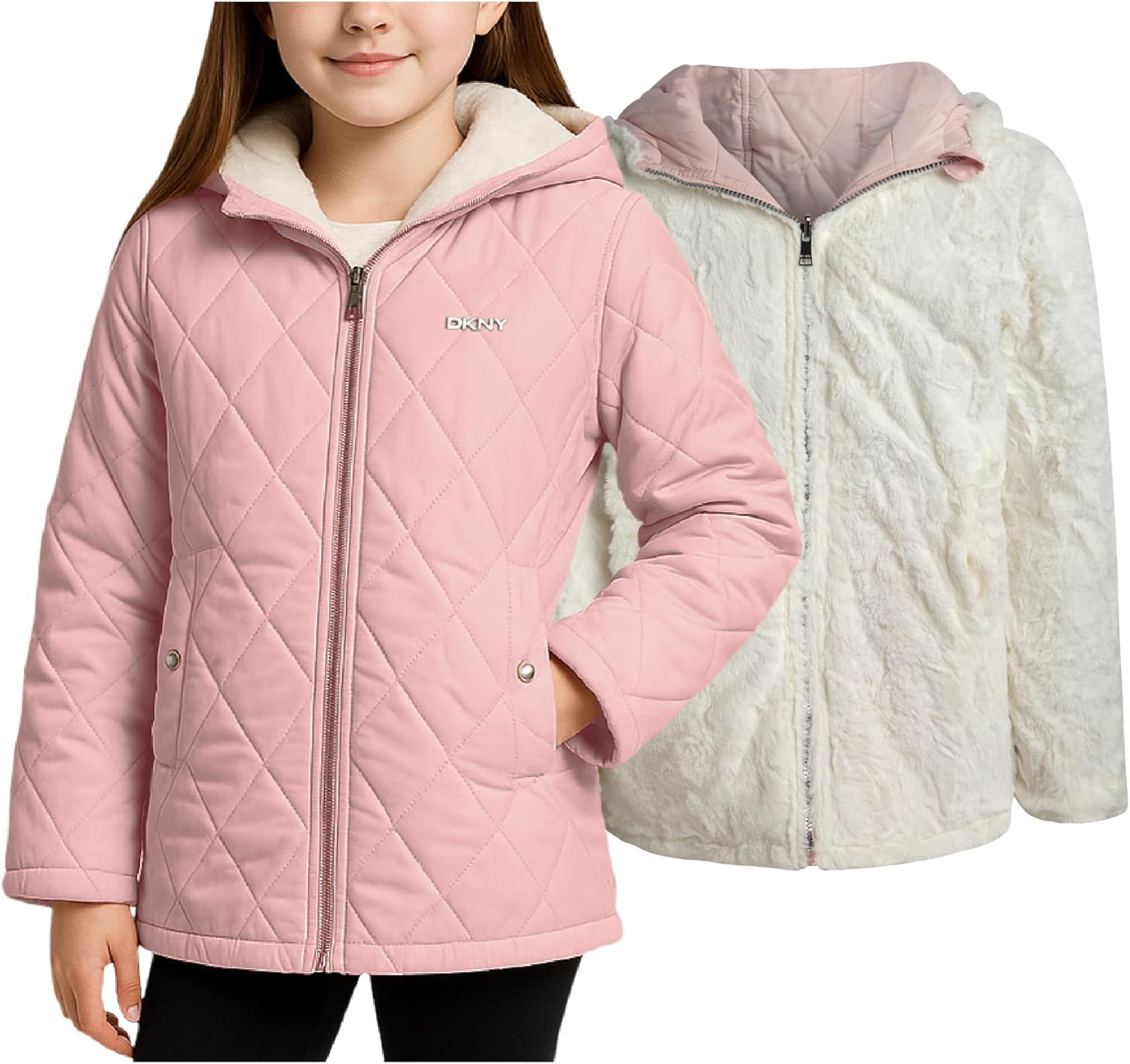 DKNY Reversible Girls Winter Coat - Heavyweight Quilted Jacket with Sherpa Lining Hooded Puffer Jacket Winter Coats for Girls